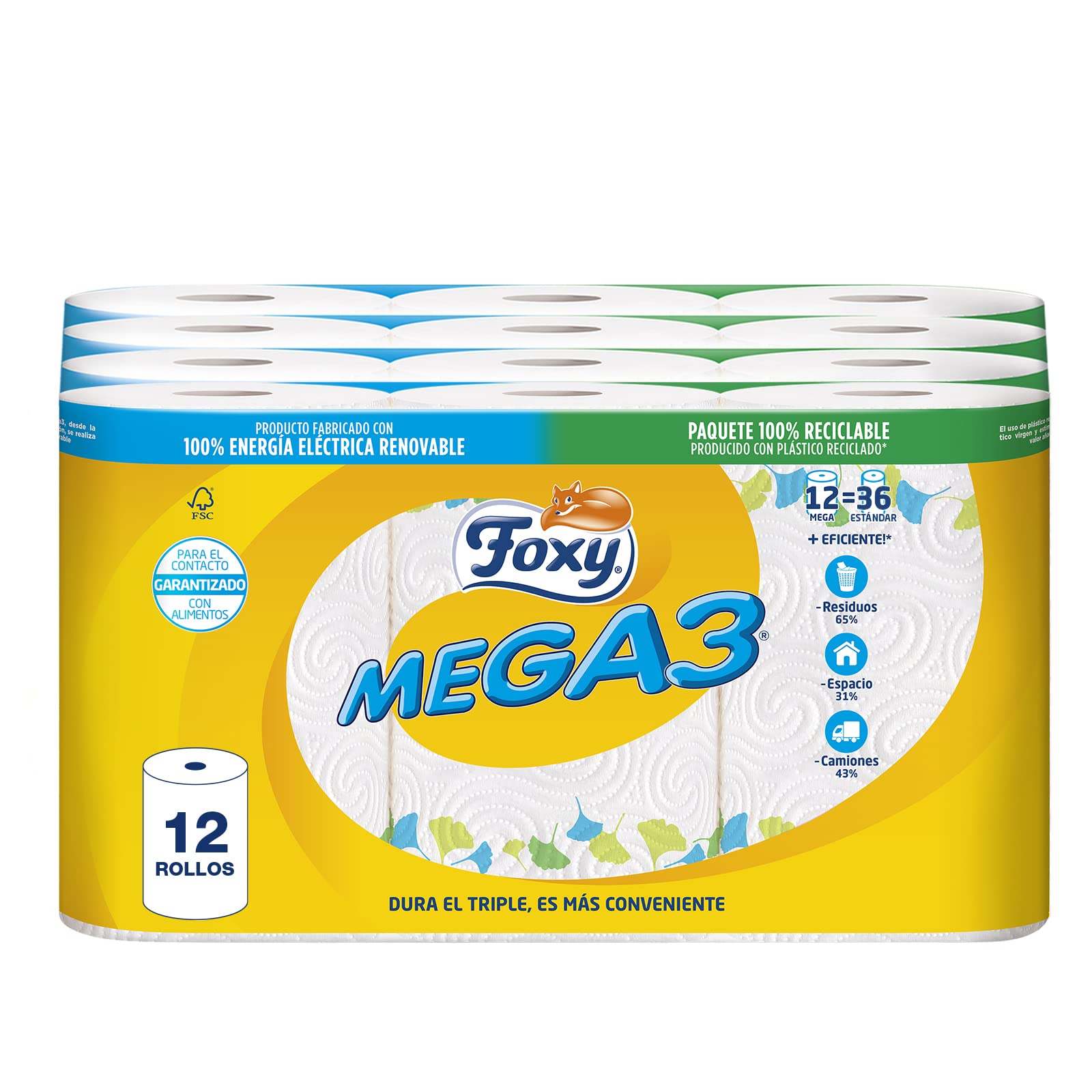 Foxy Mega3 | Papel Cocina 12 Triple rollos | 120 servicios por cada rollo | Decorado | Certificación FSC | 100% Energía eléctrica renovable | Paquete reciclable producido con plástico reciclado