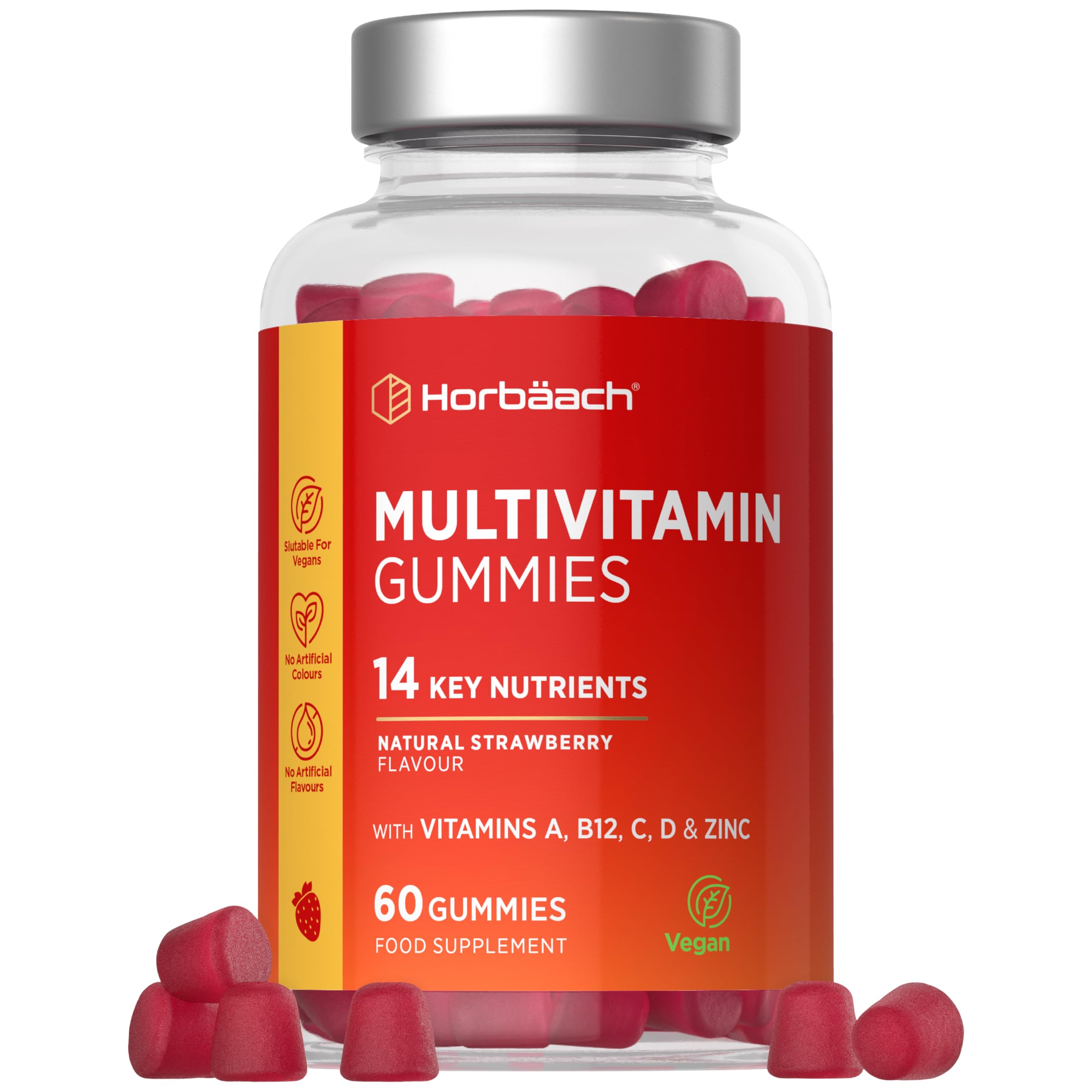 Adult Multivitamin Gummies | 60 Count | 14 Essential Nutrients with Vitamins A, B12, C, D, & Zinc | Natural Strawberry Flavour | Vegan Supplement for Men & Women | by Horbaach