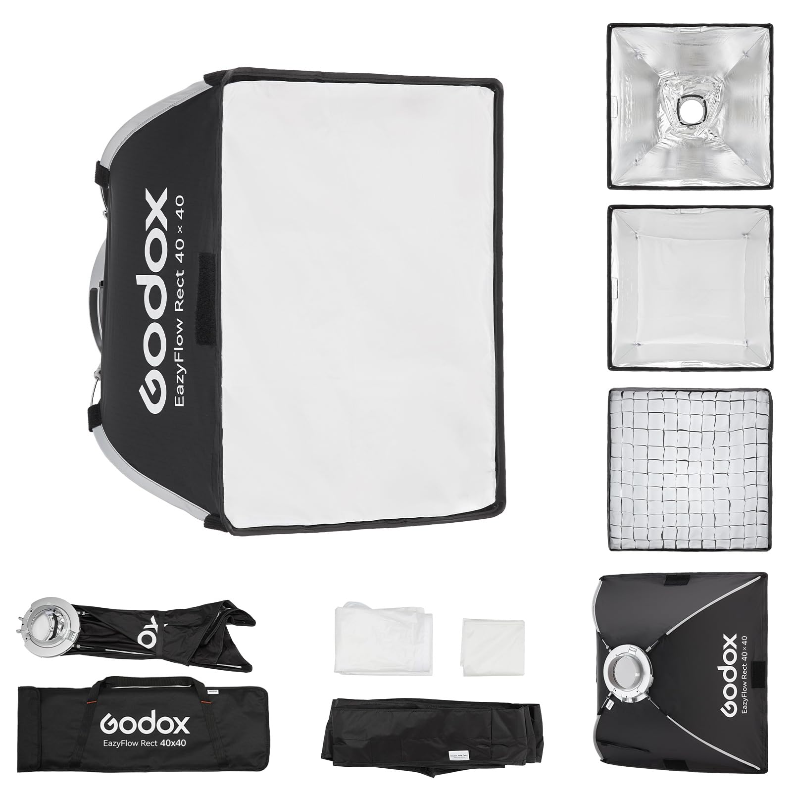 Godox EazyFlow Rect - Softbox quadrato con diffusore/griglia, 40 x 40 cm, con supporto a sgancio rapido Bowens, per luci video a LED e flash