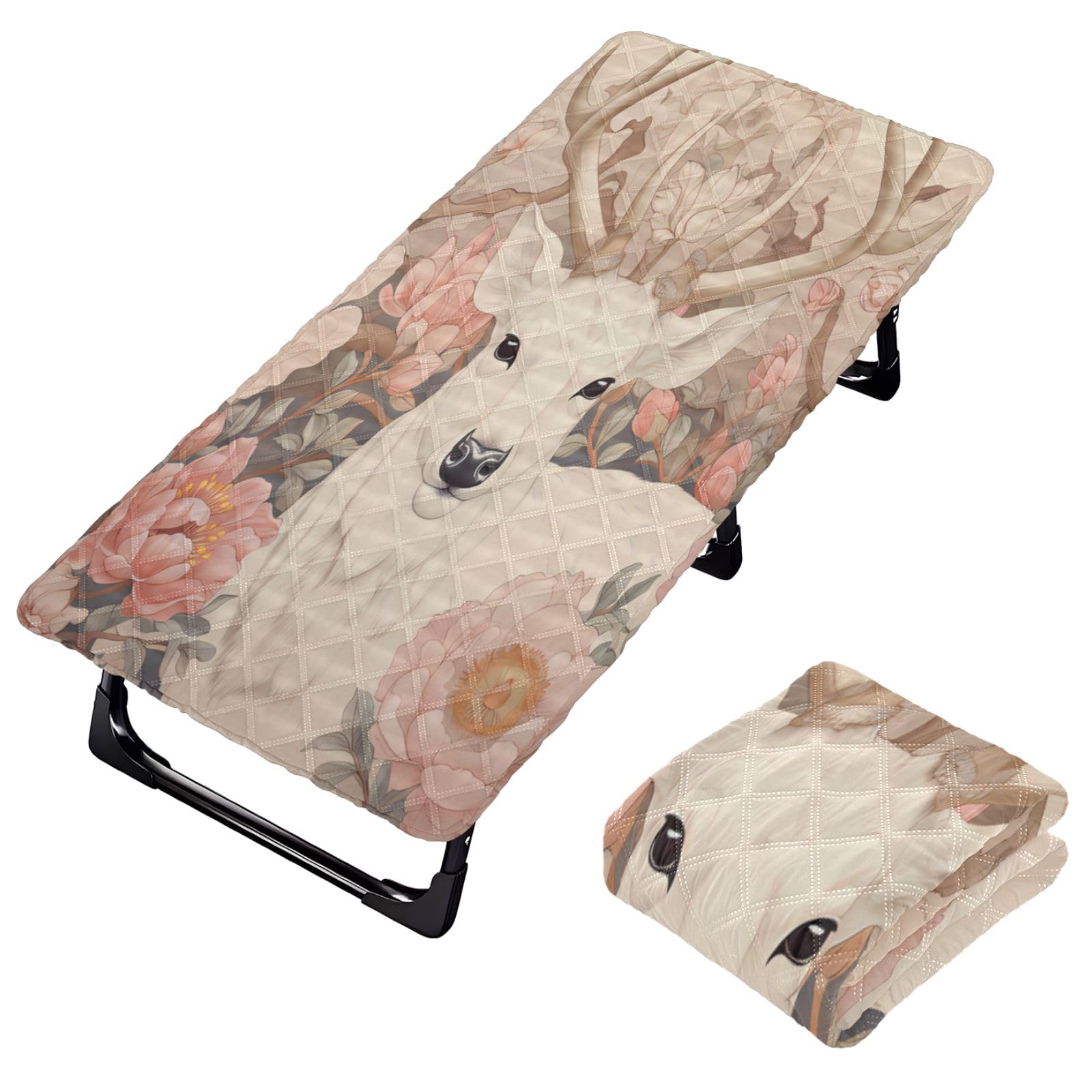 Portable Toddler Bed Sheet for Kids White Deer in Pink Flowers Travel Bed Fitted Sheet