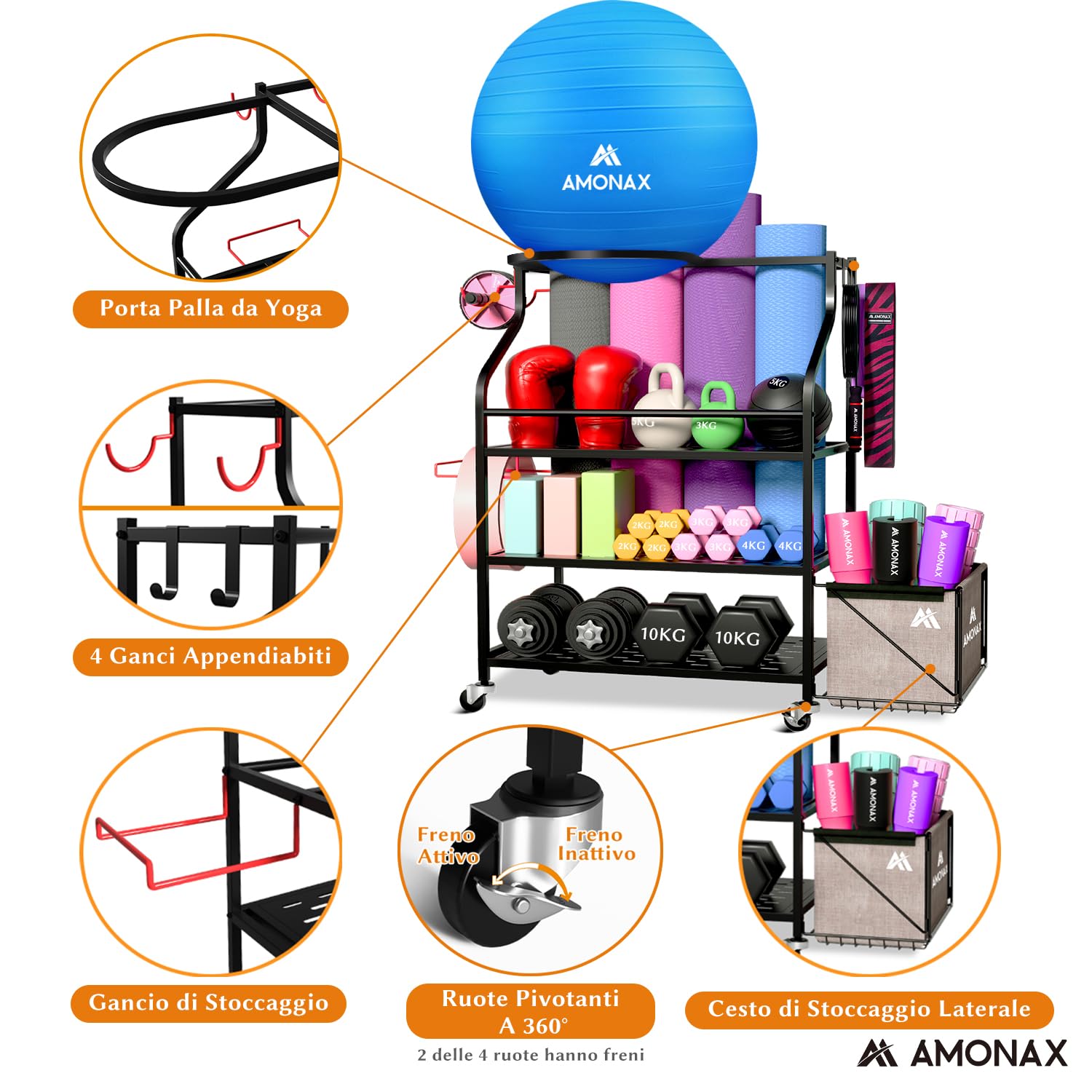 Amonax Rastrelliera Manubri Palestra, Yoga Organizer Kettlebell Rastrelliera Manubri, Porta Manubri Attrezzatura Palestra per Bilanciere, Rullo in Schiuma, Attrezzi per Palestra in Casa per Donne