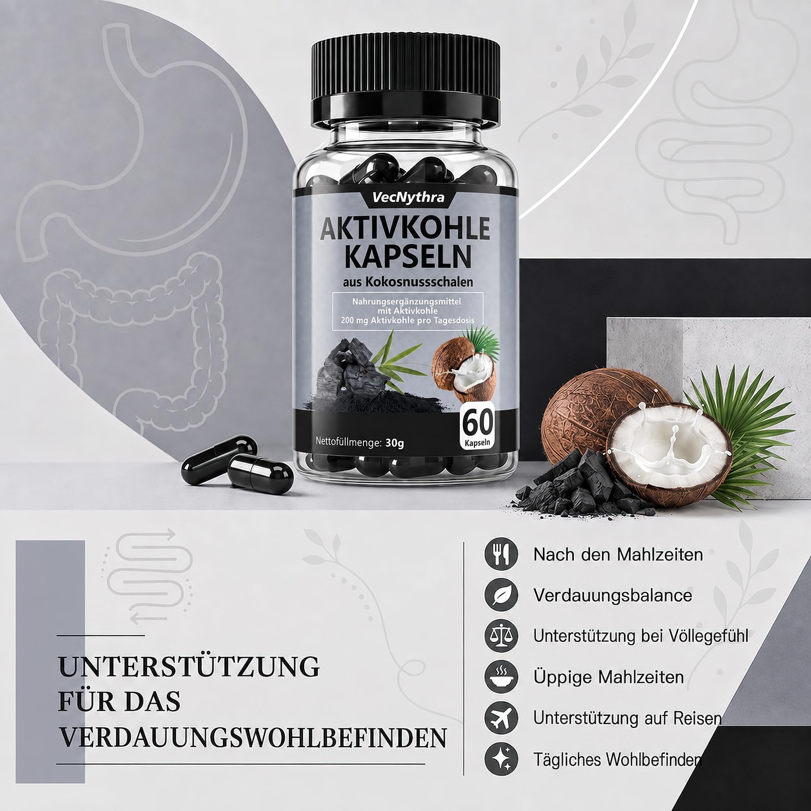 Aktivkohle Kapseln aus Kokosnussschalen, 200 mg Aktivkohle, 60 Kapseln
