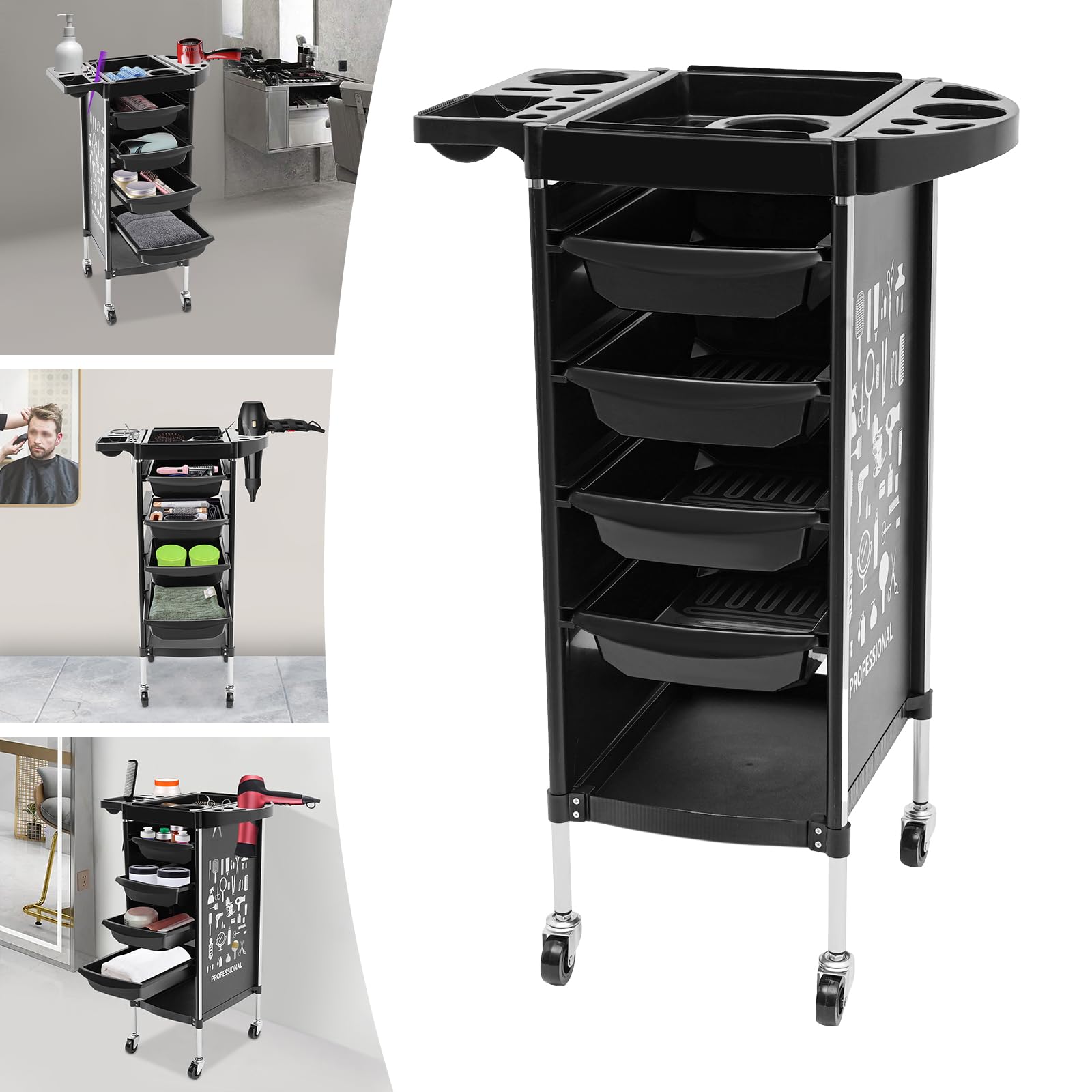 Carro profesional de salón con 4 cajones extraíbles, carrito de peluquería con gran espacio de almacenamiento y ruedas, carrito de operación para salón de uñas, instituciones médicas y clínicas