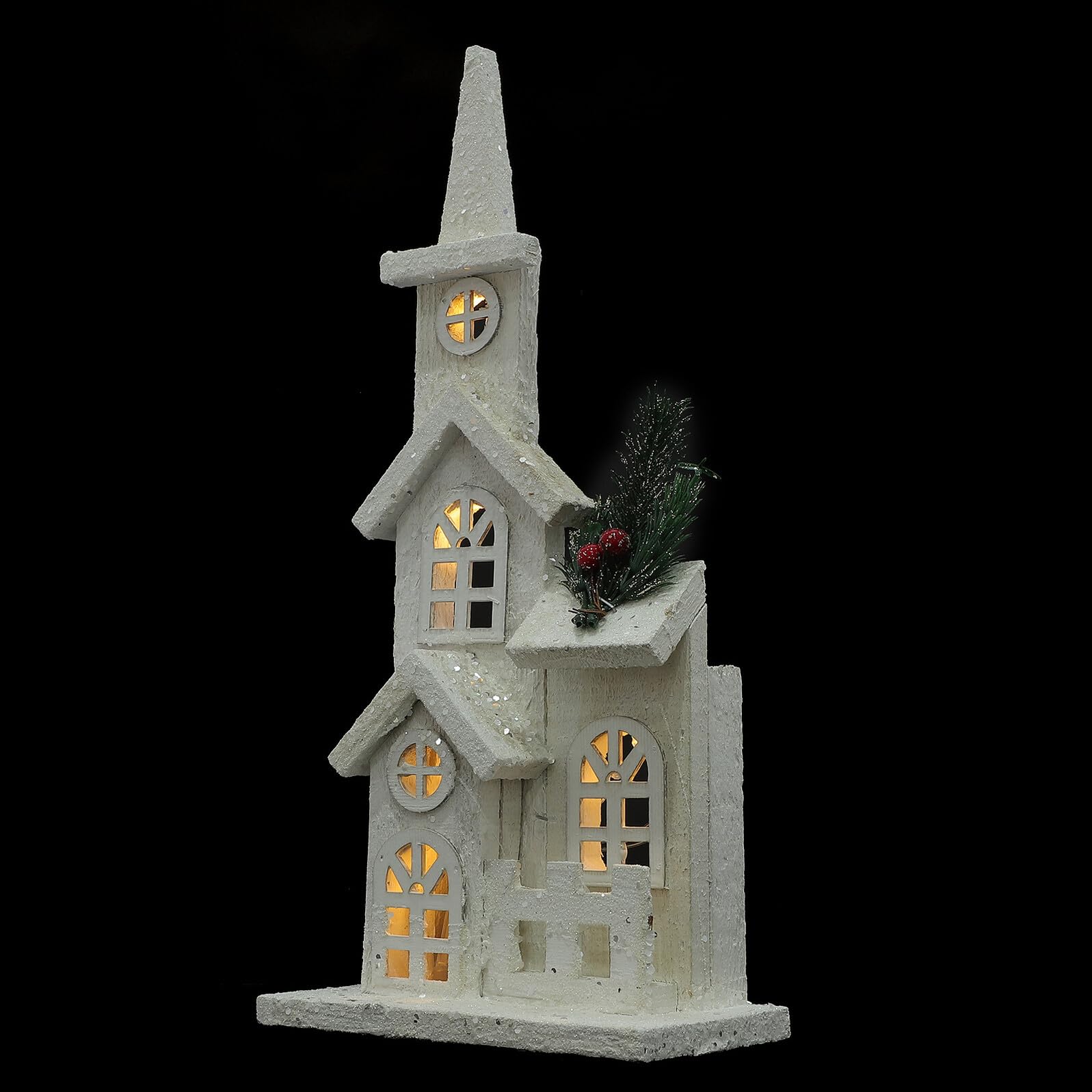 Adorno de madera de castillo navideño blanco VERDANVERSE iluminado