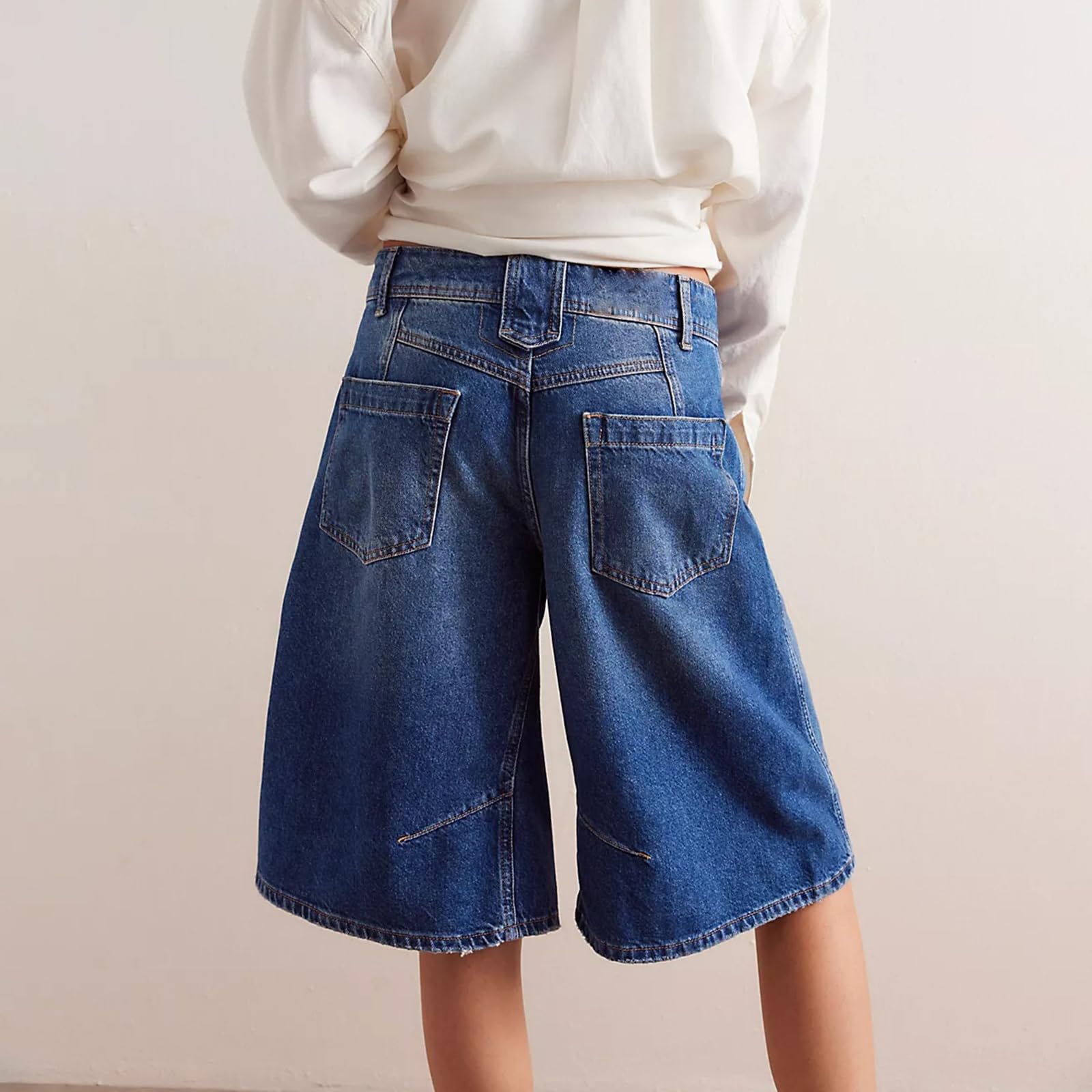 Short en jean ample pour femme - Longueur genou - Style décontracté - Motif cœur - Taille haute - Bermuda ample - Jambe large - Avec poches