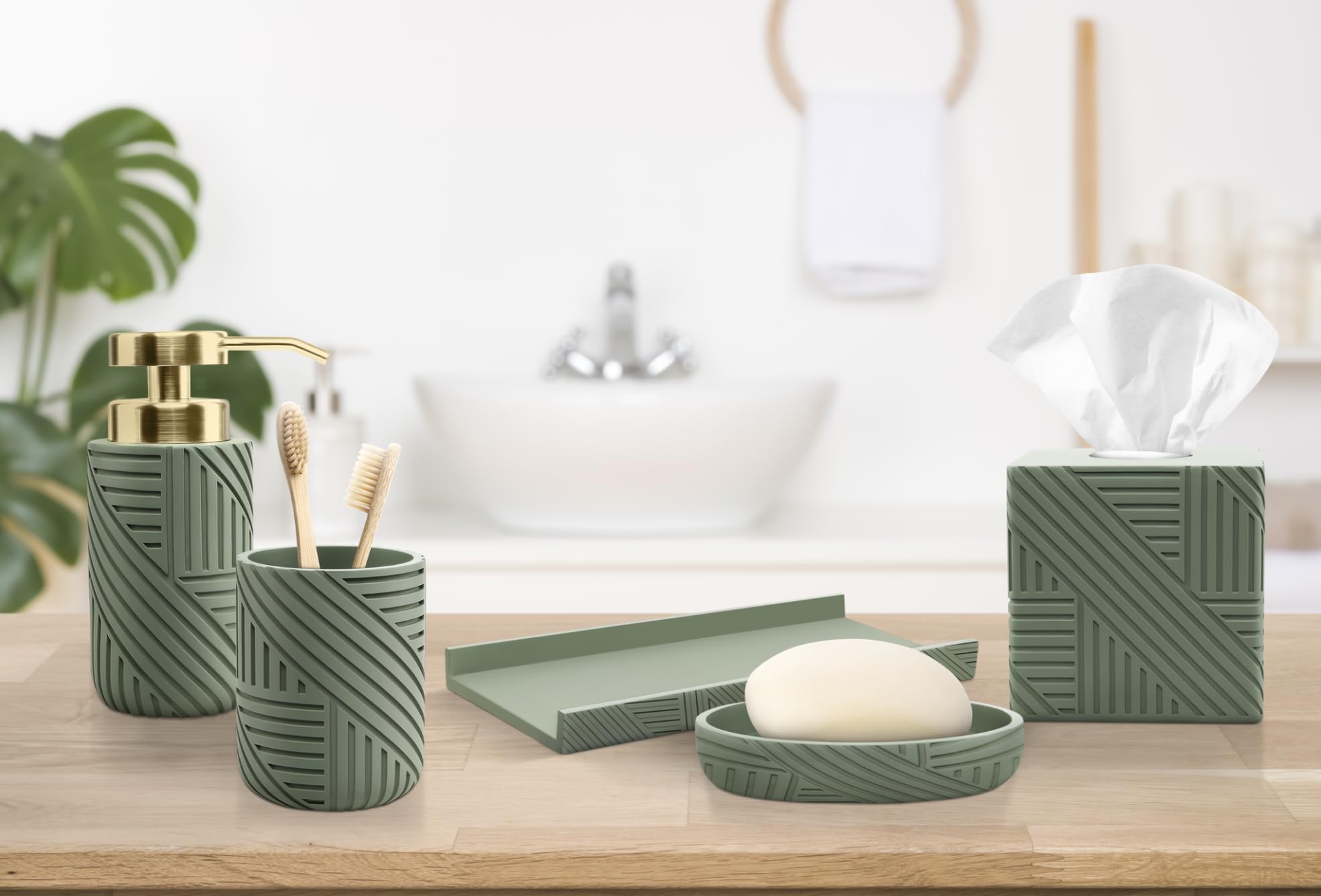 bathroom accessories set 6 piece bath ensemble includes 2 soap dispensers, tumbler cup, soap dish,tissue box cover, vanity tray countertop decor (green)