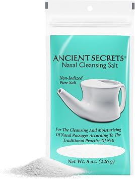 ANCIENT SECRETS Neti Pot - Nasal Cleansing Salt, 8 Oz, Non-Iodized Pure Salt for Use Nasal Cleansing Pot + Pre-Measured Cleansing Salt Pack