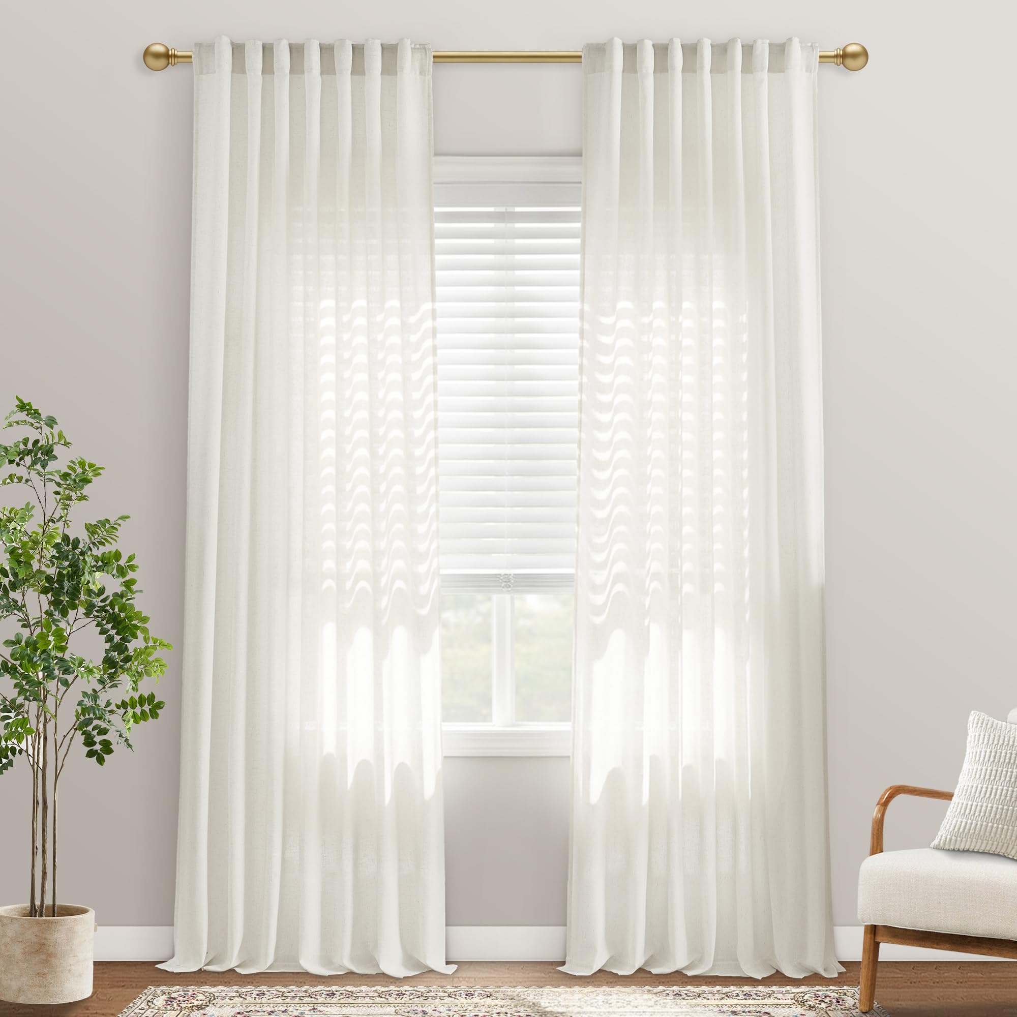 Photo 1 of 90 Inch Cream Ivory Linen Cotton Blend Curtains, with Pin Hooks Track System or Back Tab Haning, Farmhouse Style Semi Sheer Panel for Living Room Bedroom, 2 Panel Set