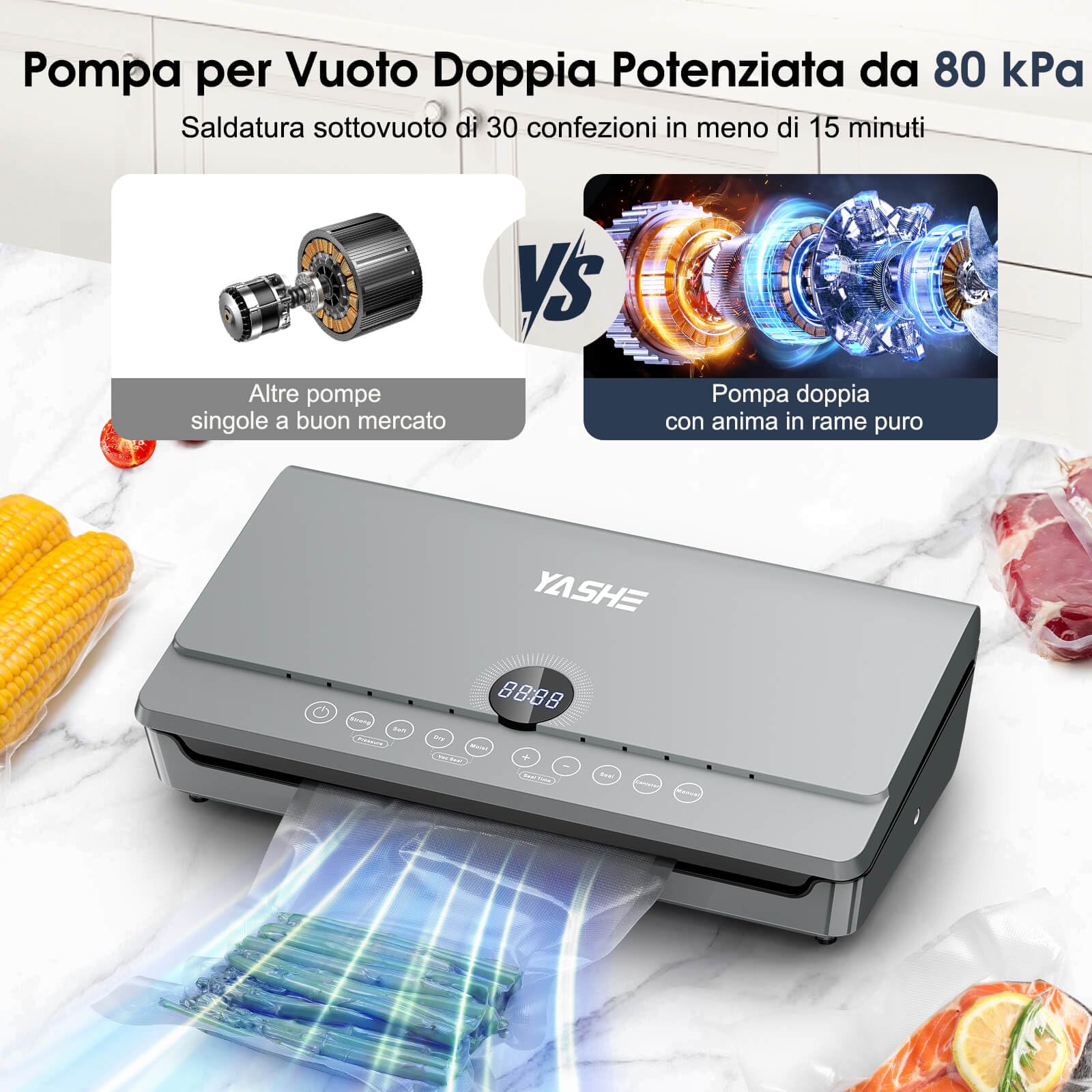 YASHE Macchina Sottovuoto Alimenti 80KPa, 10 in 1 Macchina Sottovuoto con Coperchio Magnetico, Doppio Sigillo e Doppia Pompa, Vano Porta Rotolo Integrato, 1 Rotolo da 20x300cm Incluso