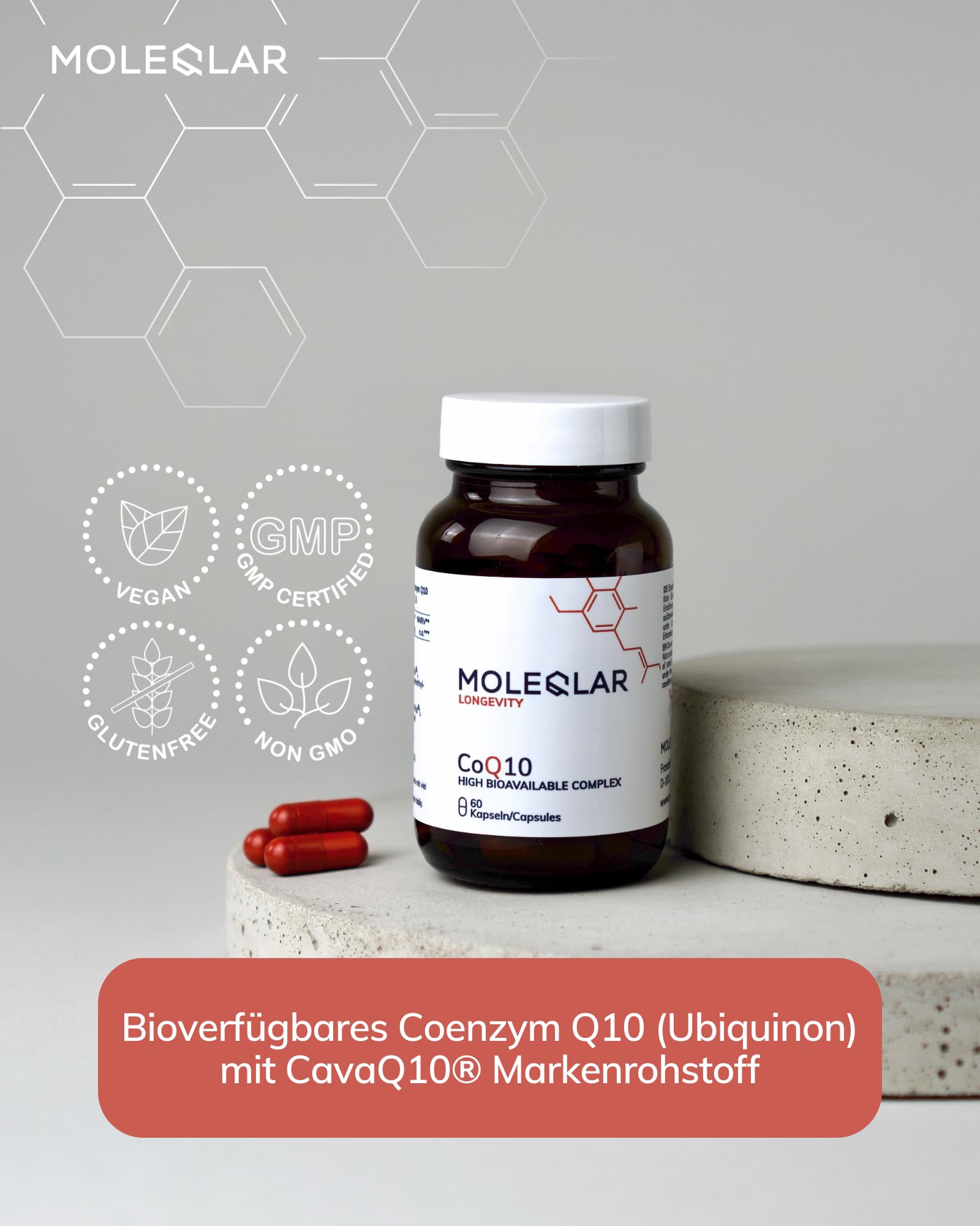MoleQlar Coenzym Q10 Kapseln 60 Stück - 100 mg Ubiquinon aus Q10 Cyclodextrin - Markenrohstoff CavaQ10 - Monatsvorrat (30 Portionen) - laborgeprüft in DE