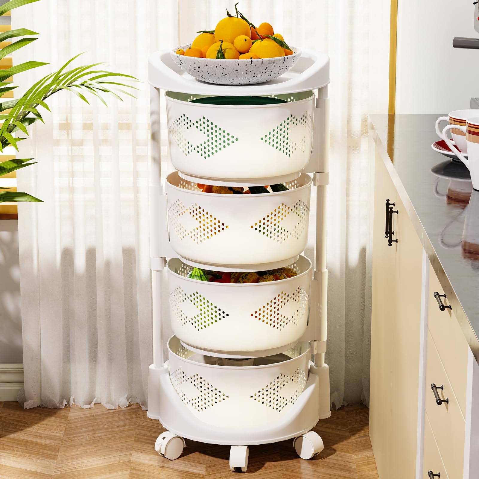 Kitchen Storage Cart Rolling Storage Cart Kitchen Organizers and Storage Fruit and Vegetable Storage Snack Cart Rotating Trolley Fruit Basket Floor Stand Shelf Fruit Tower, 3/4Tiers 4 Layer