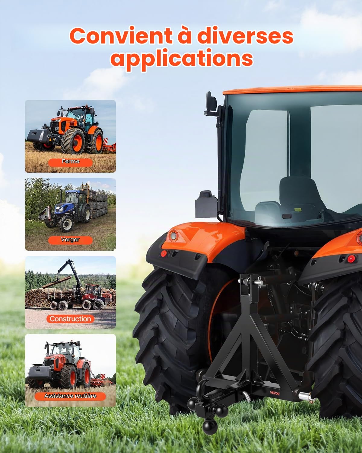 VEVOR Attelage 3 Points avec Récepteur 5 cm, Fixation Rapide 3 Points, avec 3 Boules de Remorquage, Adaptateur Barre de Remorquage Robuste pour Travaux Agricoles pour Plupart Tracteurs à Attelage 5 cm