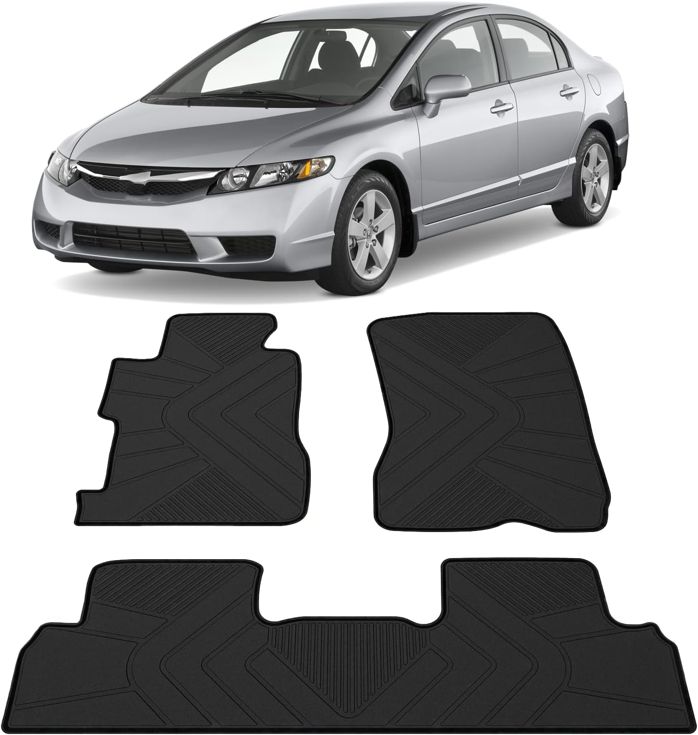 Floor Mats Compatible with 2006-2011 Honda Civic Coupe & Sedan, Custom Fit All Weather Honda Civic Car Mats, Latex Heavy Duty Floor Liners Black 3-pc Set, 2007 2008 2009 2010