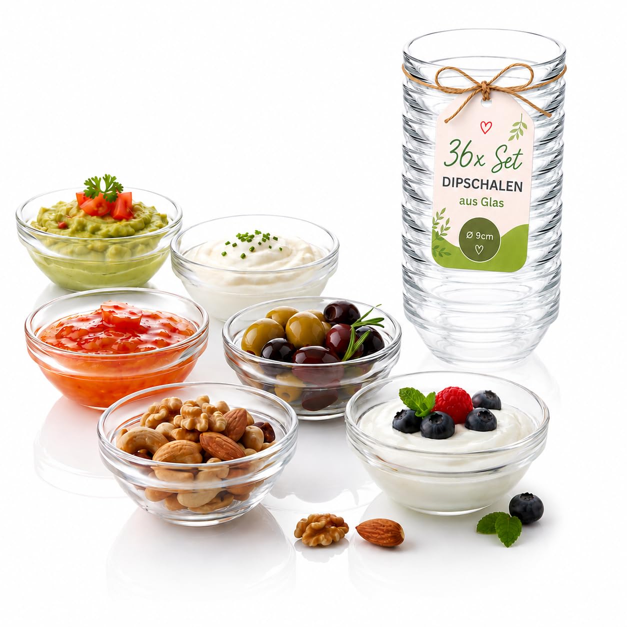 36er Set Dipschalen aus Glas Ø 9 cm – Kleine Schälchen für Saucen, Dips, Snacks, Eis & Dessert – Mini Servierschalen, Dessertschalen & Snackschalen