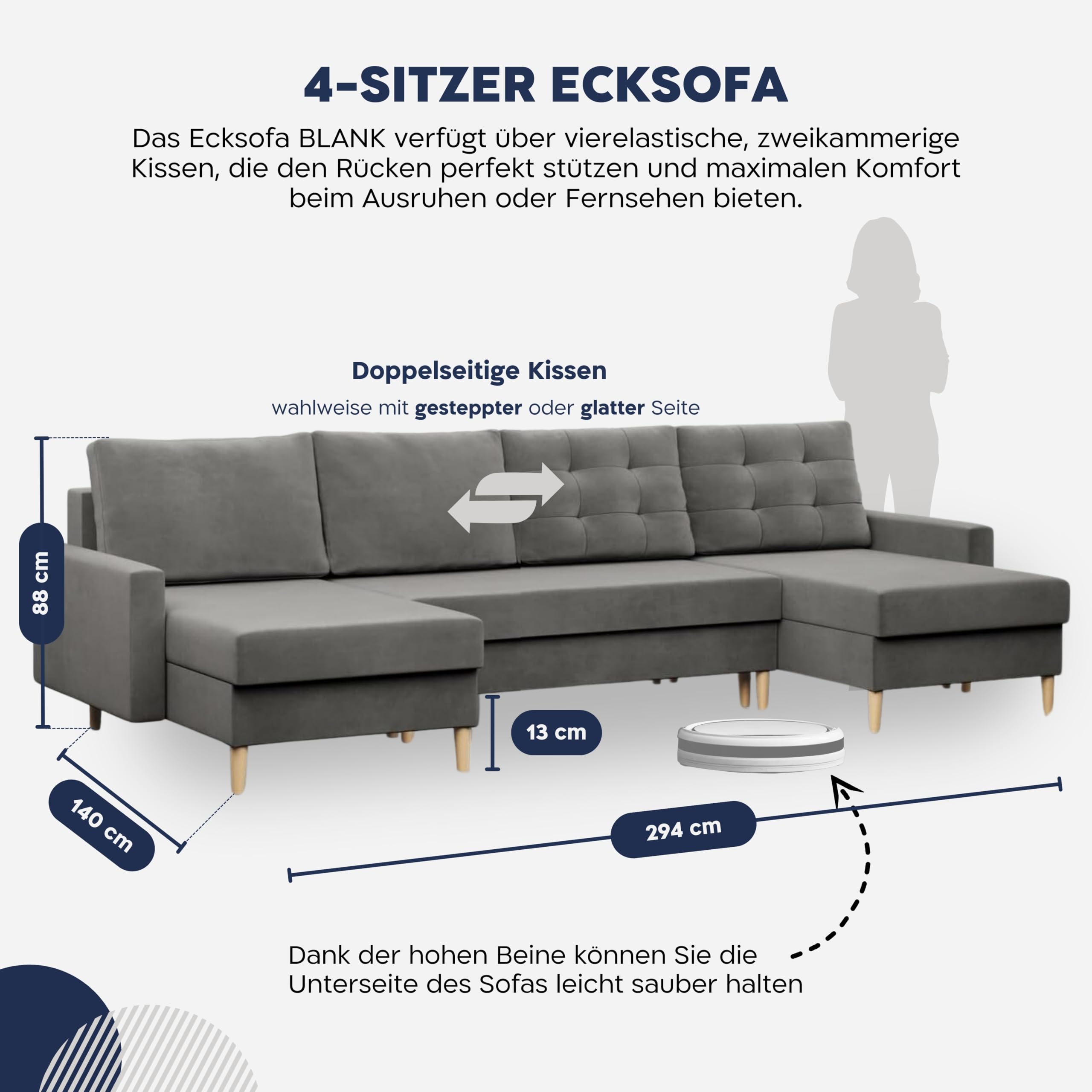 Mebligo - U-Förmige Ecksofa mit Schlaffunktion und Bettkasten BLANK, Couch U Form 294x88x140 cm, Klappsofa mit Schlaffunktion, Wohnzimmer Eckcouch mit Bettfunktion - Ecksofa Grau