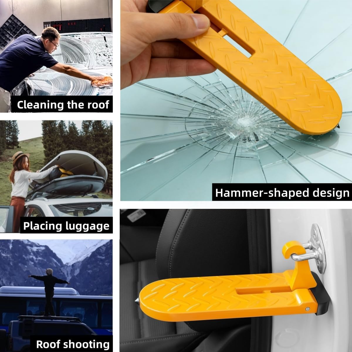 Car Door Step for Roof Access, Extended Folding Door Latch Step, Non-Slip Aluminum Alloy Pedal with Window Breaker, Fits Most Cars SUVs Trucks, Yellow, 8.27 x 3.15 in-Yellow
