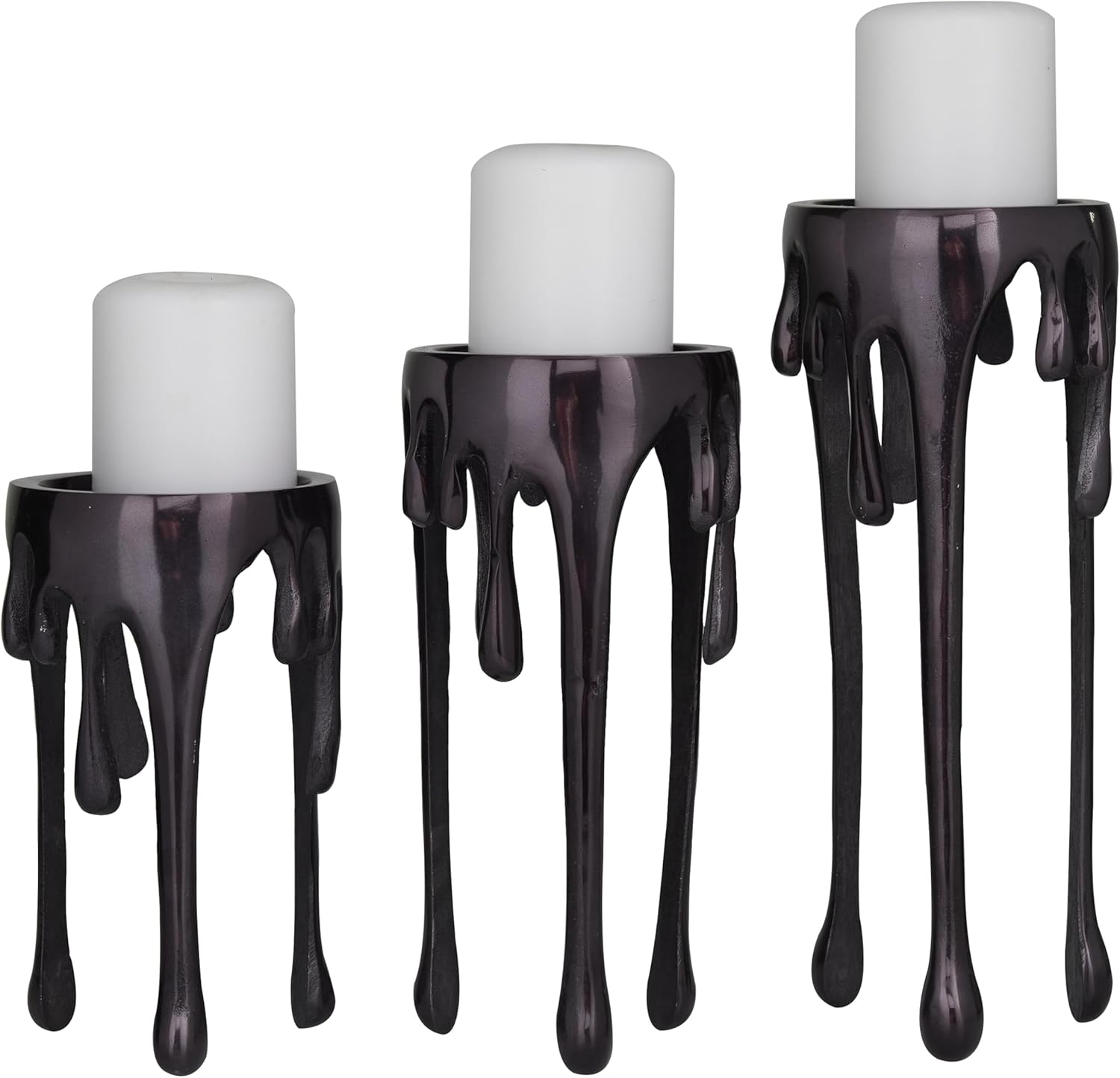 CosmoLiving by Cosmopolitan Aluminum Metal Decorative Candle Holder Pillar Candle Stand with Dripping Melting Designed Legs, Set of 3 Candlestick Holder 12", 10", 8"H, Black