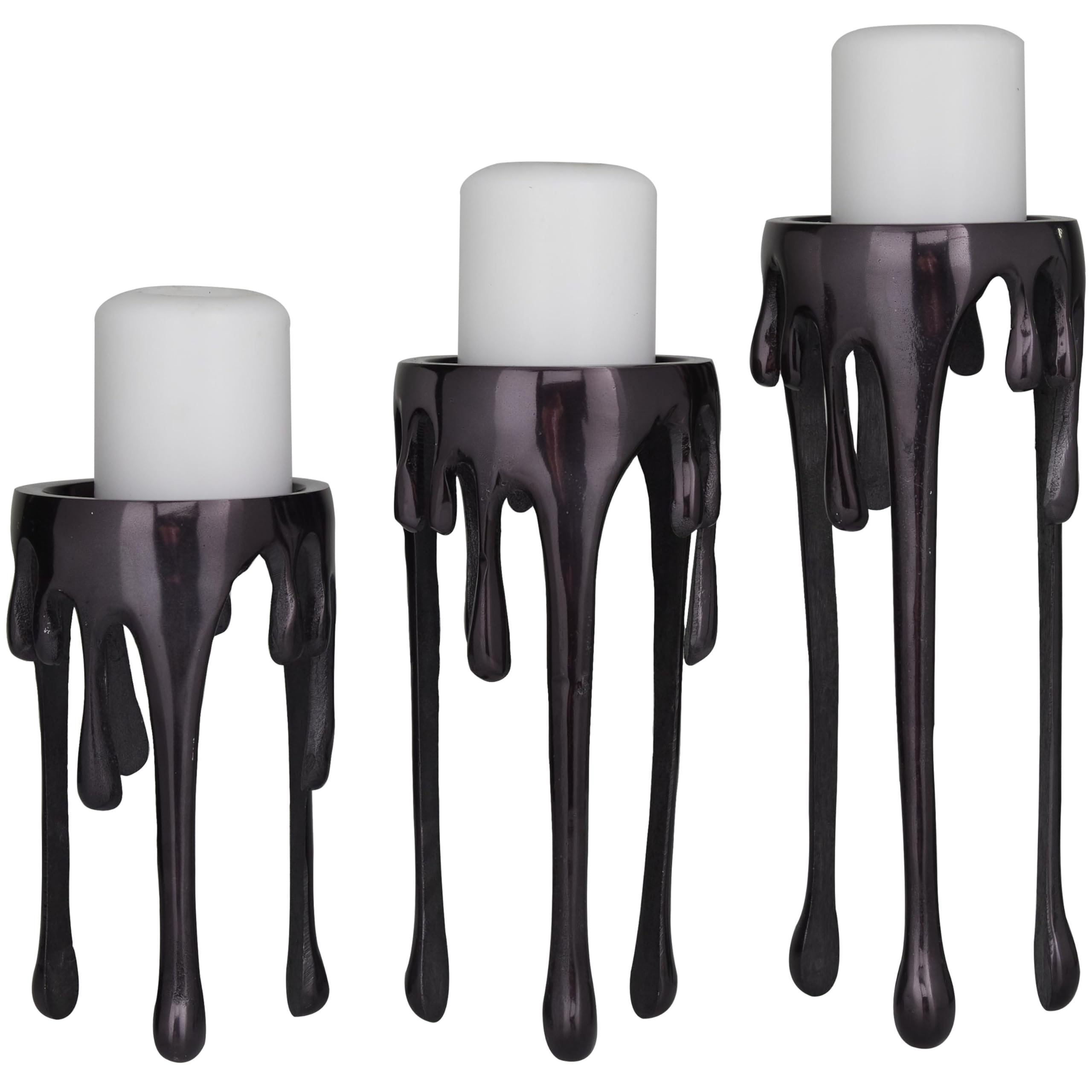 CosmoLiving by Cosmopolitan Aluminum Metal Decorative Candle Holder Pillar Candle Stand with Dripping Melting Designed Legs, Set of 3 Candlestick Holder 12", 10", 8"H,: Black