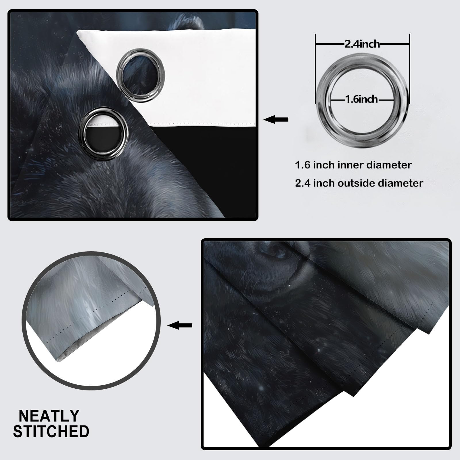 Cortinas Opacas De Lobo Negro Lobo Blanco, Realismo Animal Cortinas Opacas con Aislamiento Térmico para Oscurecer La Habitación, con Ojales, para Sala De Estar, 140 x 245 cm (2 Paneles)