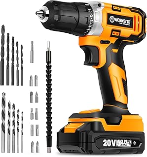 WORKSITE Cordless Drill/Driver Kit, 20V MAX 3/8" Compact Drill Set with 2.0A Battery, Charger, 309 In-lbs Max Torque, 24pc...