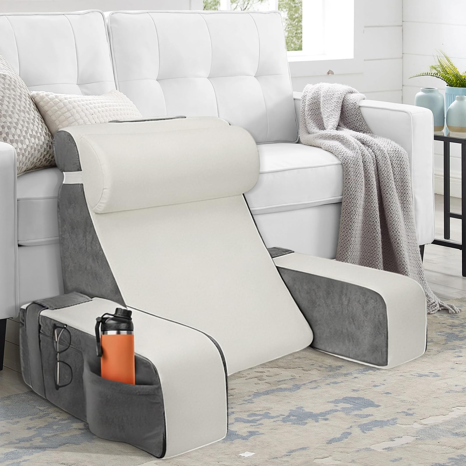 Cojin Lectura Cama,Cojín con Respaldo Apoyo Lumbar, con Soporte para Brazos y Bolsillos, Cojín Lumbar Sofá para la Espalda, Cojin Respaldo Cama para Trabajar, Leer o Jugar en la Cama Sofá Suelo