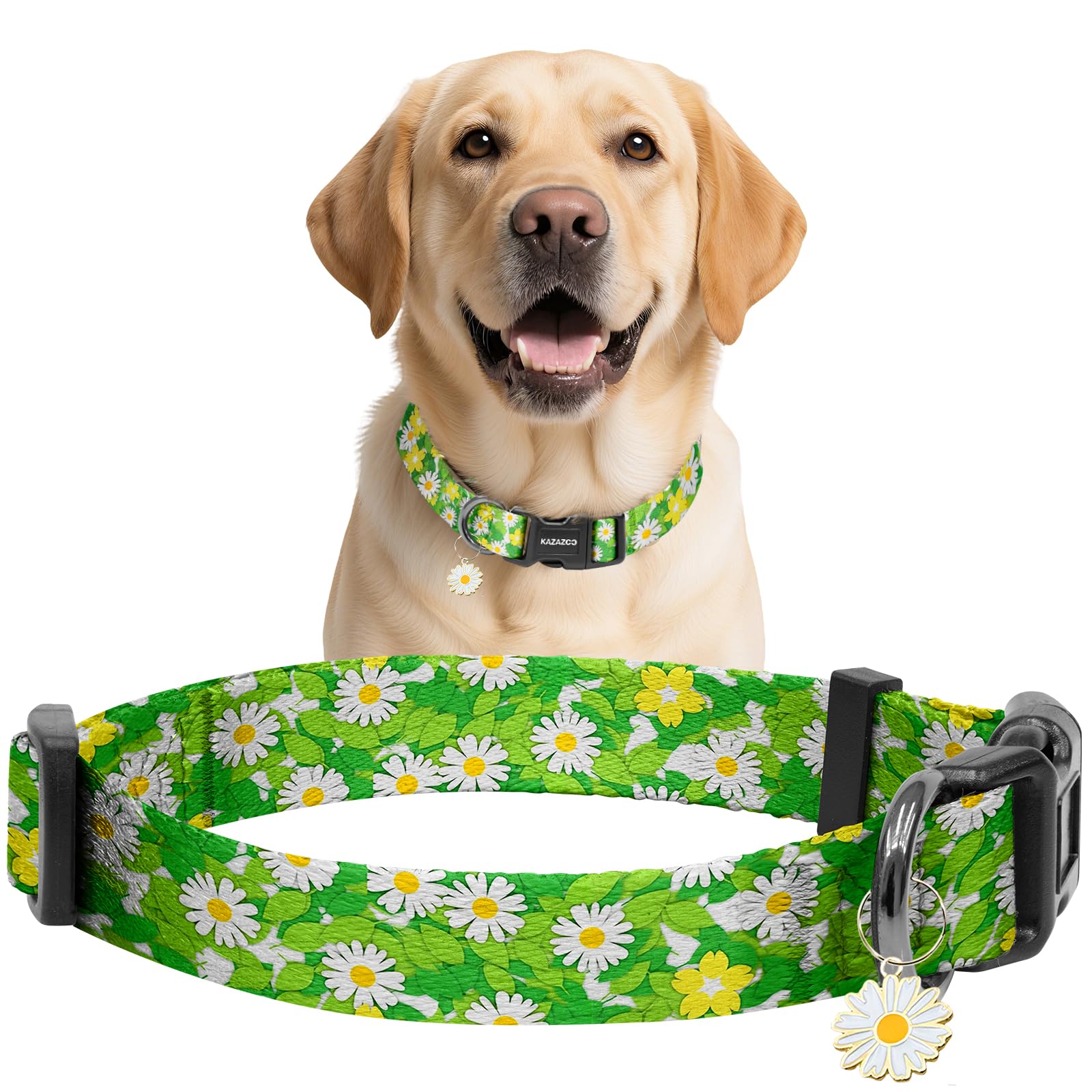 Kazazoo Dog Collar Cute and Soft Nylon Puppy Collar for Boy and Girl Dogs, Adjustable Dog Collars for Large Dogs, Green Daisy-L