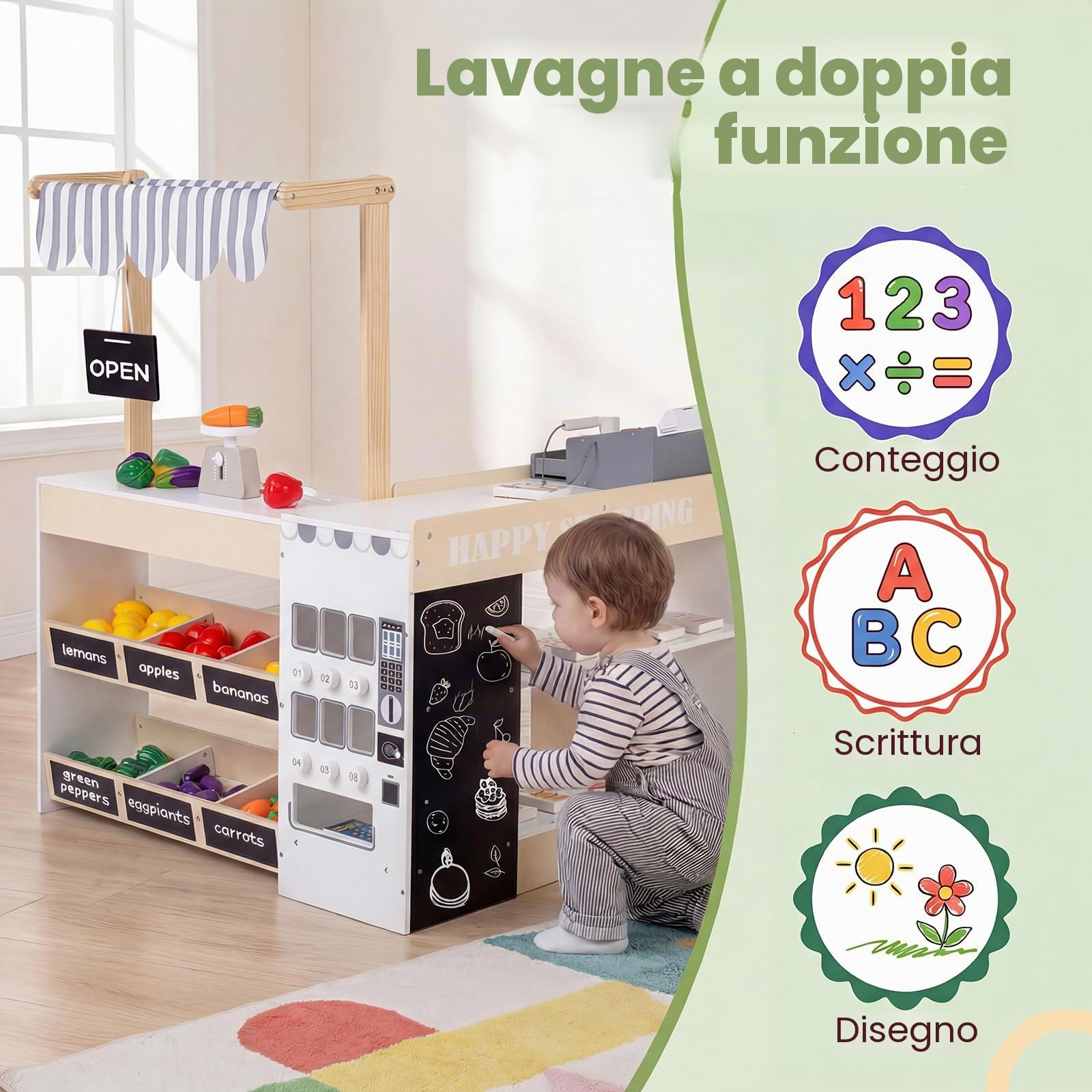 HOMASIS Negozio in Legno per Bambini, Supermercato Giocattolo con Registratore di Cassa, Lavagna, Carrello della Spesa, Distributore Automatico, Frutta e Verdura, Giocattolo per Bambini 3+ Anni