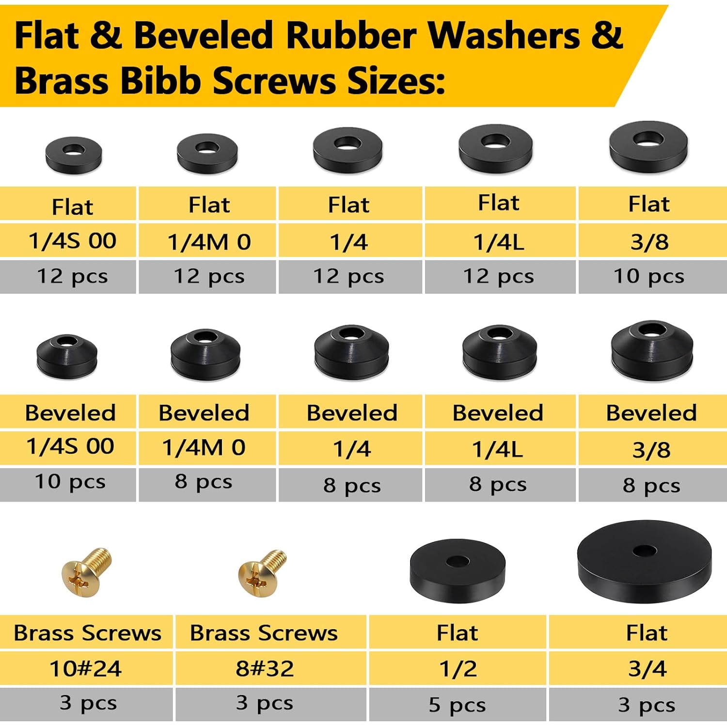 114-Piece 12 Sizes Faucet Washer Assortment Kit - Flat & Beveled Rubber Washers & Brass Bibb Screws for Outdoor Spigot, Hose Bib, Garden Valve Repair Replacement