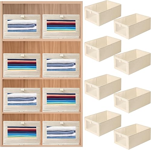 Paquete de 8 organizadores y almacenamiento de ropa de lino, contenedores plegables con ventana transparente, cestas de lino para organización de