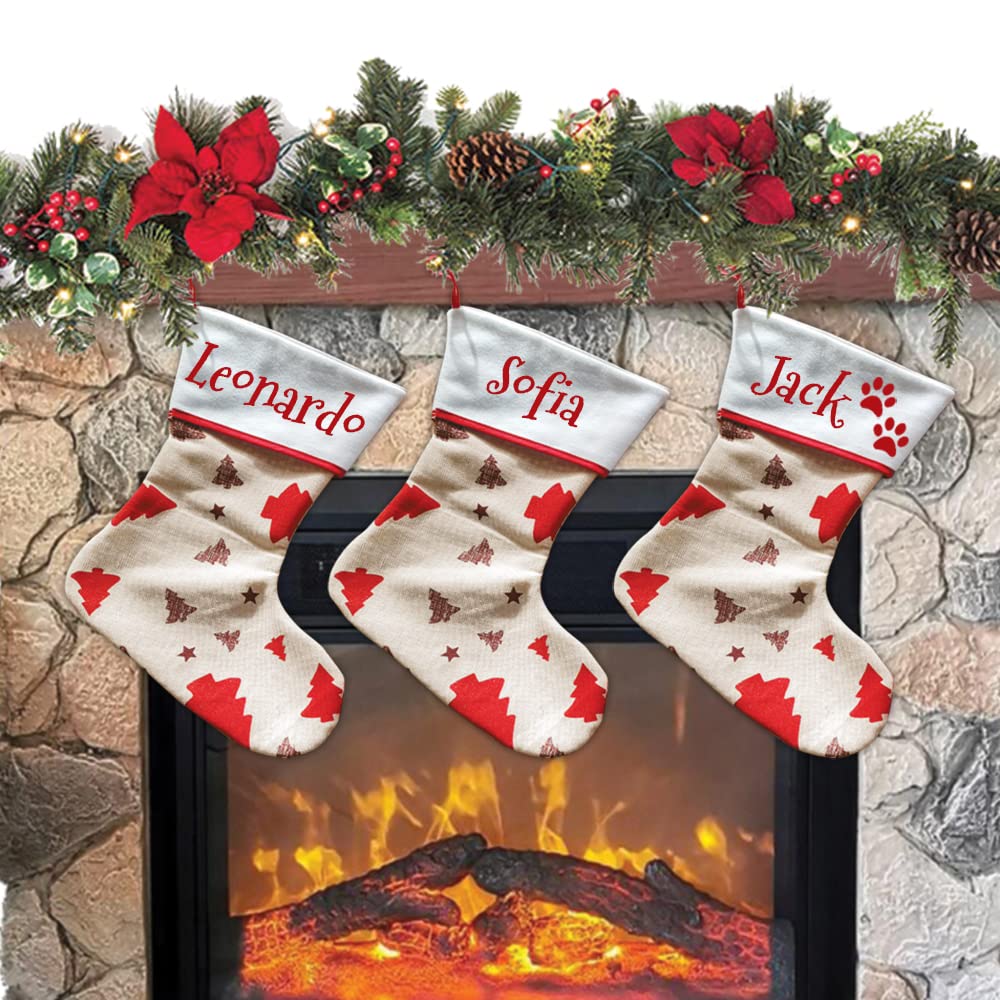 Lot de 3 chaussettes de Noël à suspendre avec nom de 20 cm, 33 cm, personnalisées pour décoration de fêtes familiales (lot de 3 pièces, arbre)
