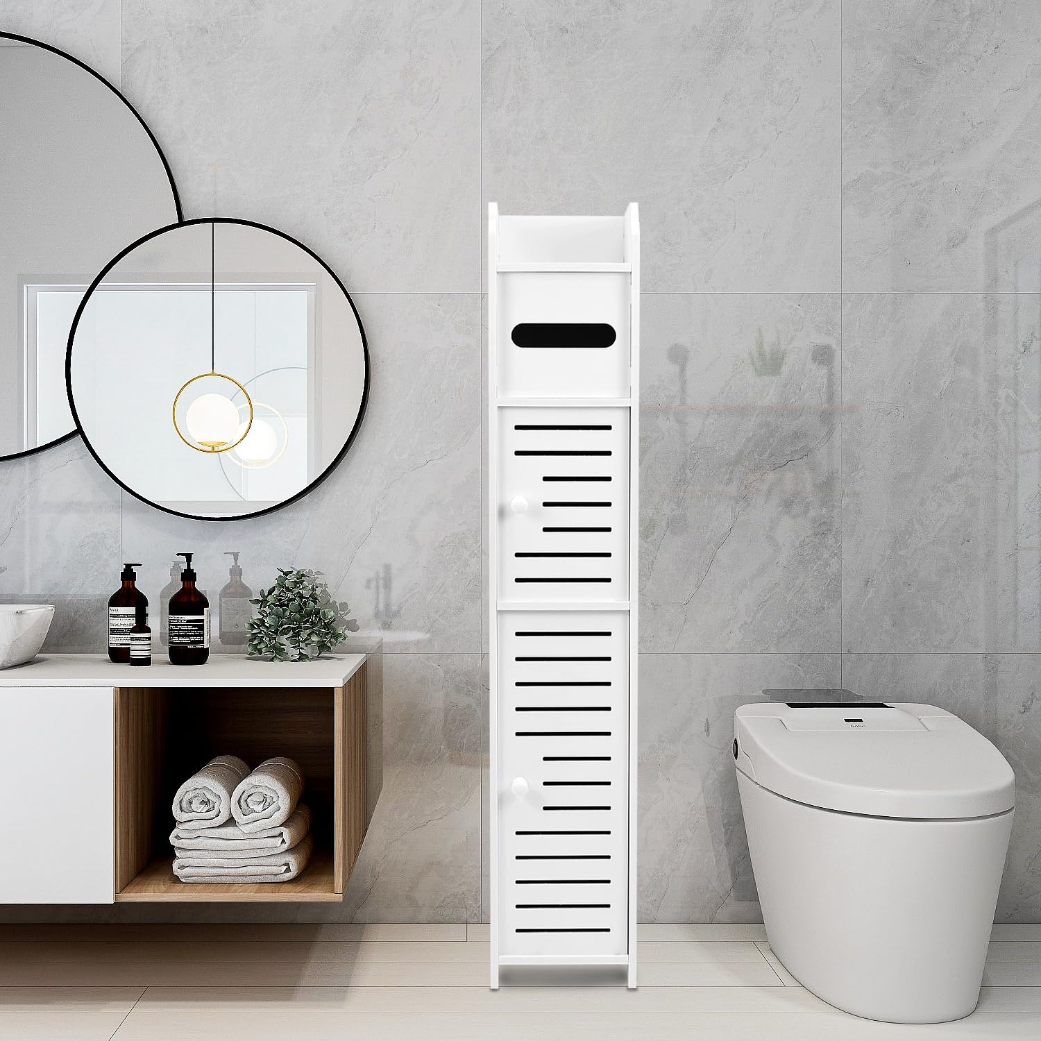 QWORK® Muebles Auxiliares de Baño, Armario de Baño, Mueble Baño Estrecho Portarrollos de Papel Higiénico Impermeables 14 x 15 x 80 cm