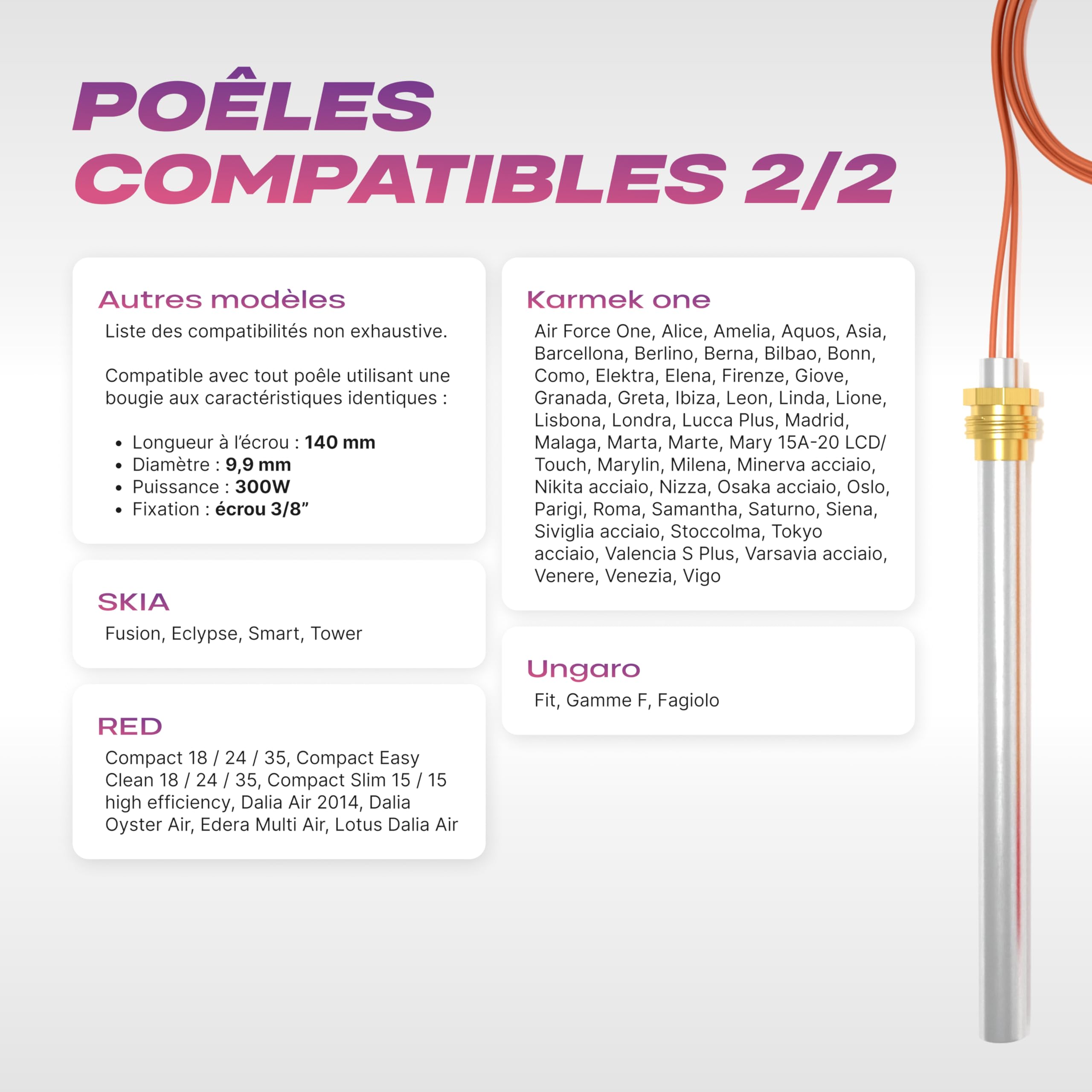 Bougie de poêle à granulés 300W - 140mm - diamètre 9,9mm