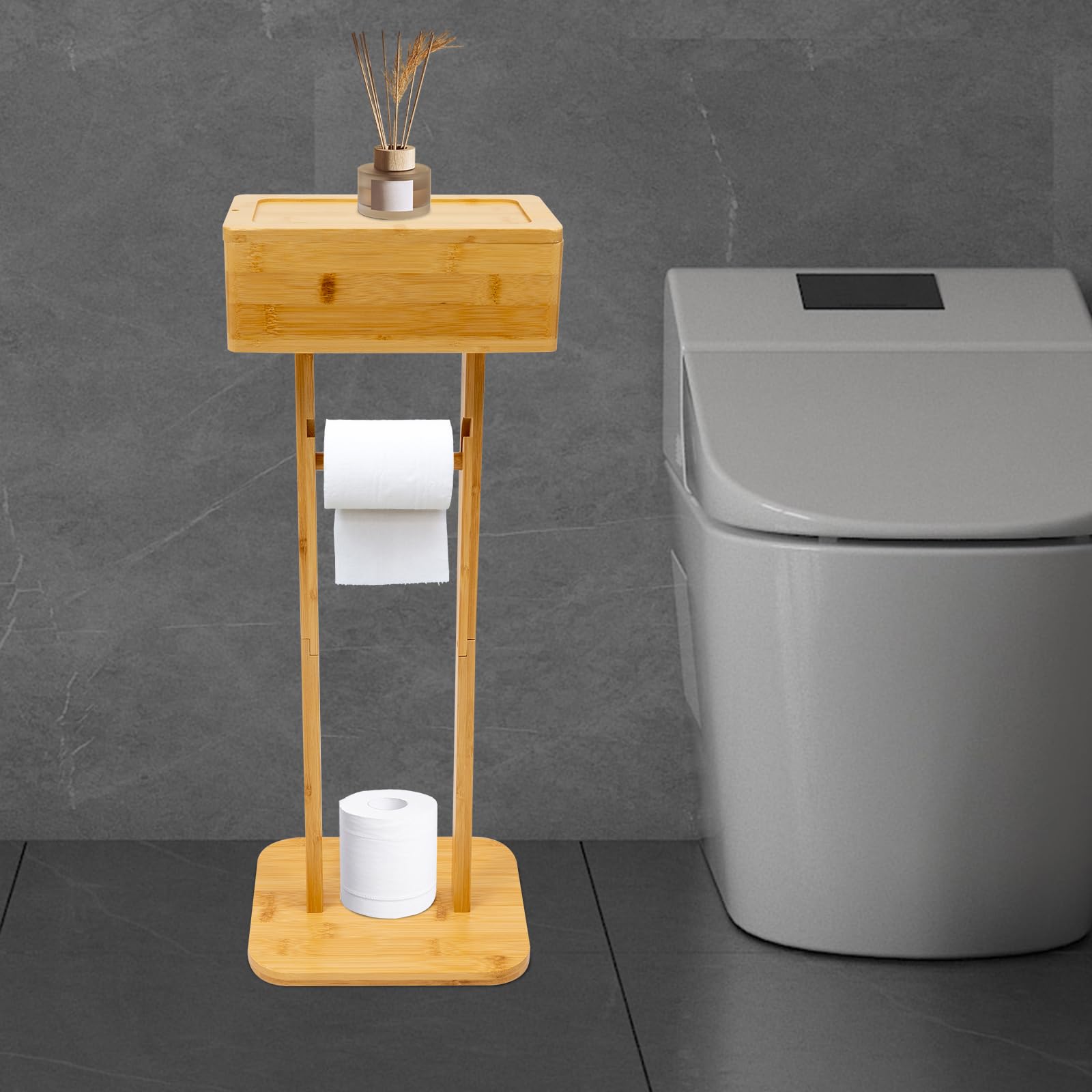 Portarrollos de papel higiénico de bambú con caja de almacenamiento, altura aprox. 65 cm, color natural, ahorra espacio para baño y WC, incluye estante y compartimento para rollos de repuesto con tapa