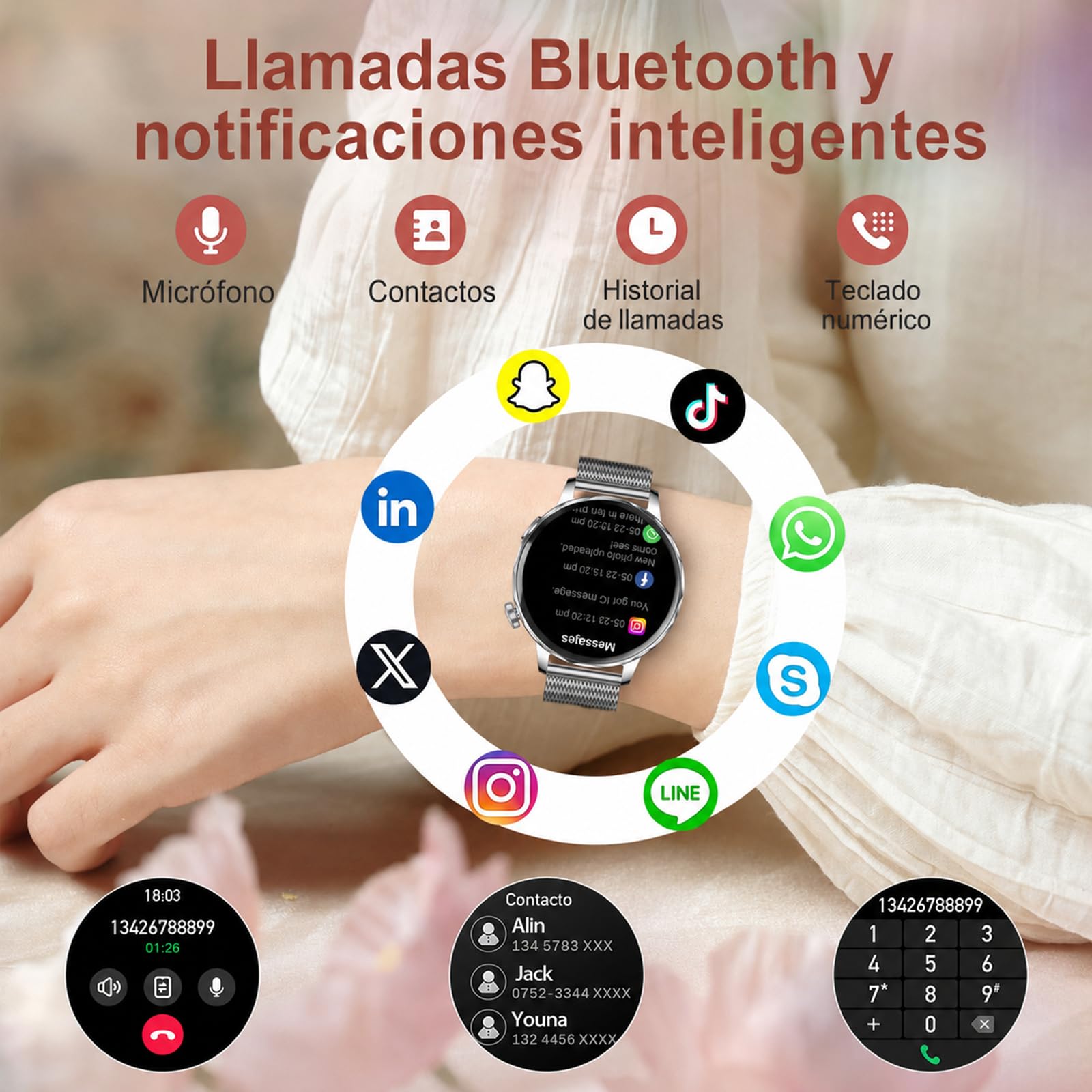 Reloj Inteligente Mujer Pequeño Redondo con Llamadas, 1,27" HD, 2 Correas