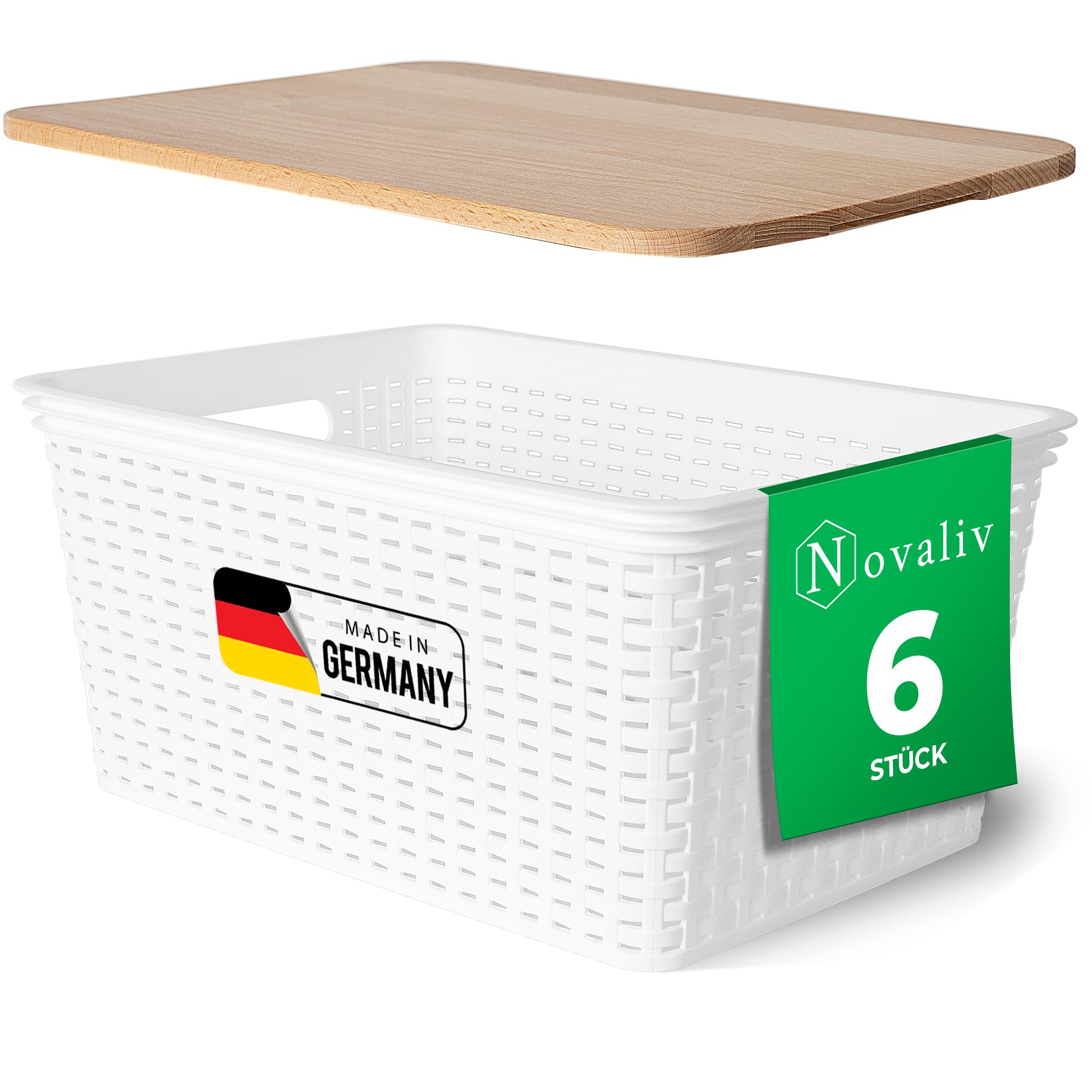 Novaliv Juego de 6 cajas de almacenamiento con tapa de madera, cesta grande de 14 L, color blanco, diseño de ratán, apto para alimentos, apilables, de plástico, sin BPA, con tapa