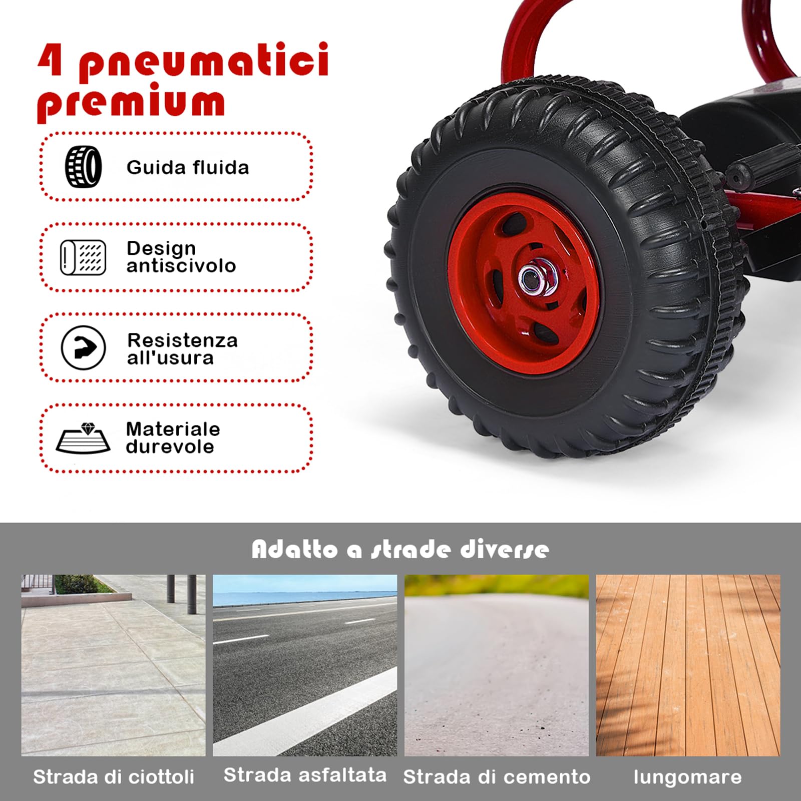 COSTWAY Go Kart a Pedali per Bambini, Veicolo con Sedile Regolabile e Freno a Mano, Portata 30 kg Rosso