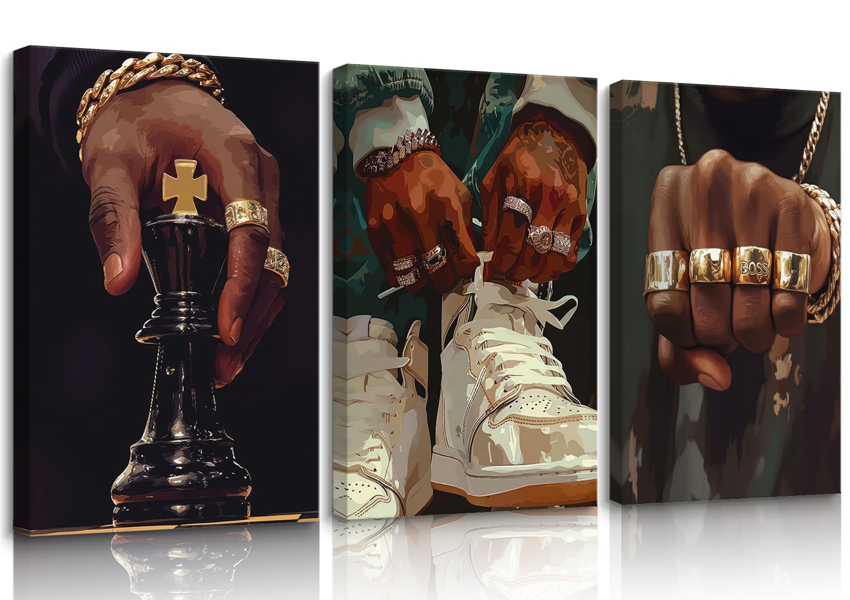 ZCIRDYVV 3Pcs Black Men Wall Art African American Man Wall Decor Fashion Afrocentric boy Canvas Prints Male Hip Hop Posters Pictures Boss Rings Chess