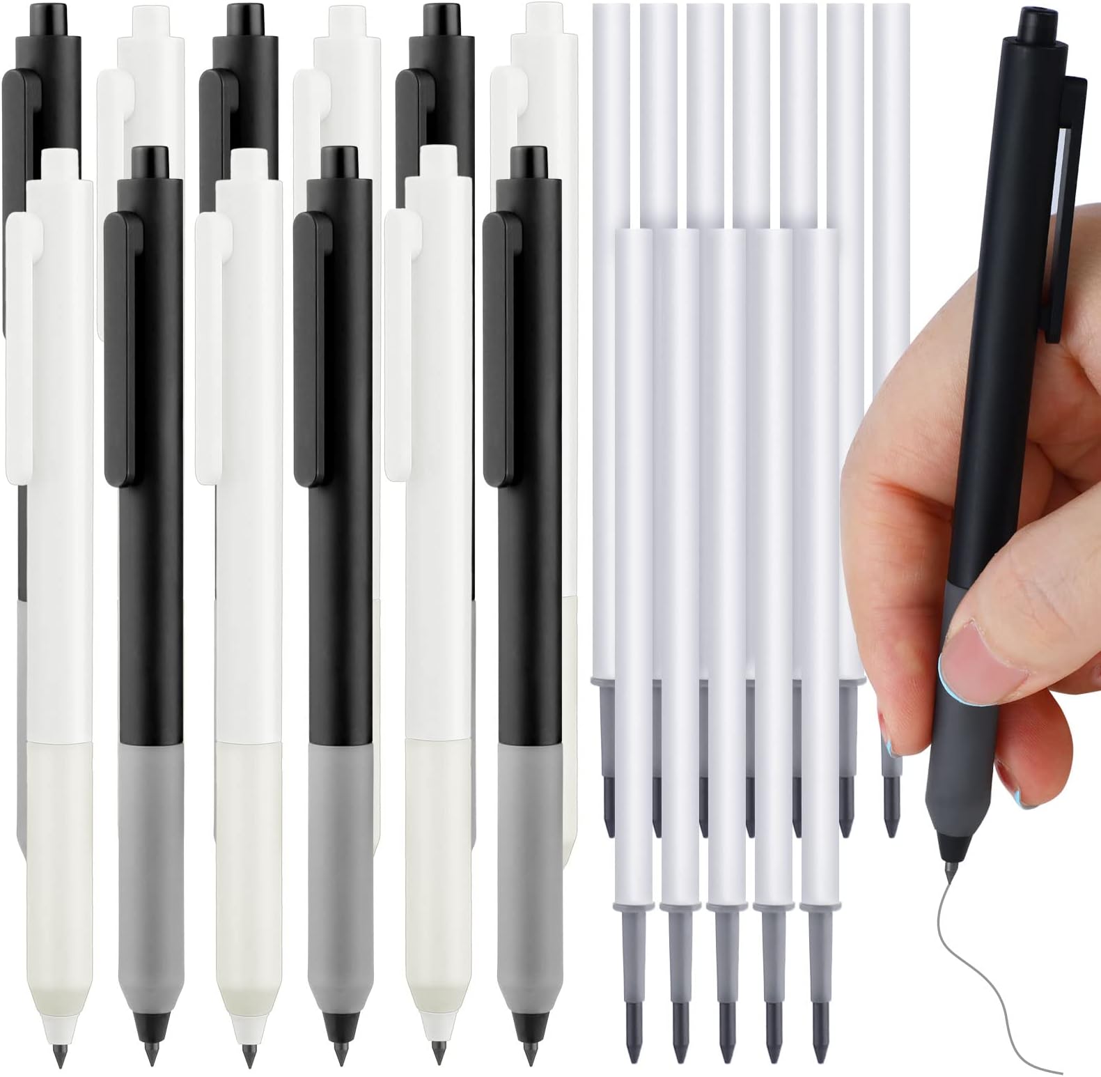 12 PCS Inkless Pencil Infinite Pencil Eternal Everlasting Pencil with Replacement Refills Cute Reusable Forever Pencil for Kids Student Drawing Writing School Home Office Supplies (Black, White)