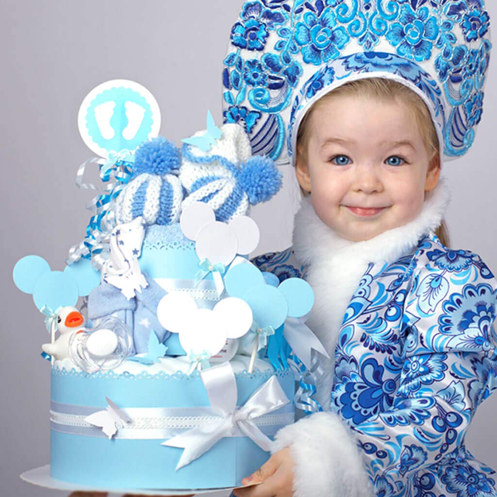 MomsStory Gâteau de couches Mickey Mouse Disney Cadeau de naissance 2 étages bleu clair