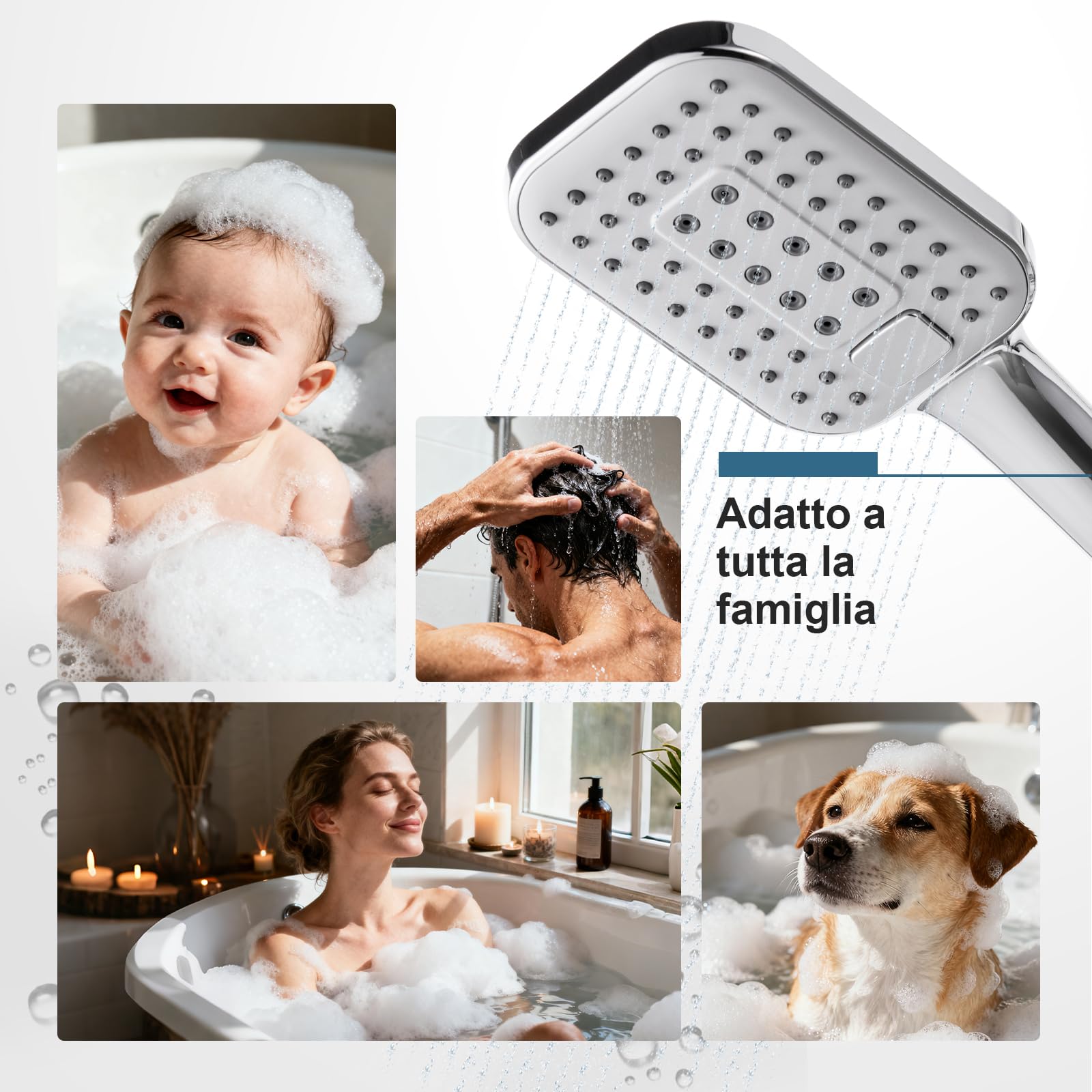 OFFO Soffione Doccia, Doccino per Doccia con 3 Modalità di Getto,Soffione Doccia Grande per Il Risparmio Idrico, Doccetta per Il Bagno, Copertura Grande, Rettangolare 12x9cm, Cromo