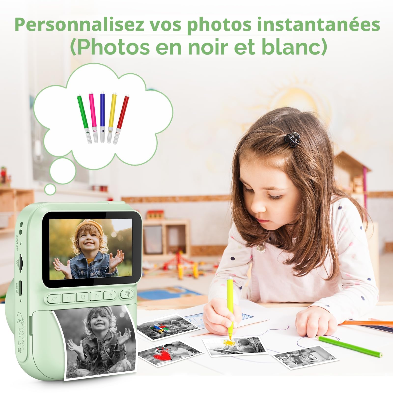 GREENKINDER Appareil Photo Instantané Enfant, 3.0" Grand Écran 14 MP Appareil Photo Enfant avec Carte de 32 Go & Papier d'impression, Appareil Photo Numérique Enfant Cadeau pour Enfants 3-12 Ans