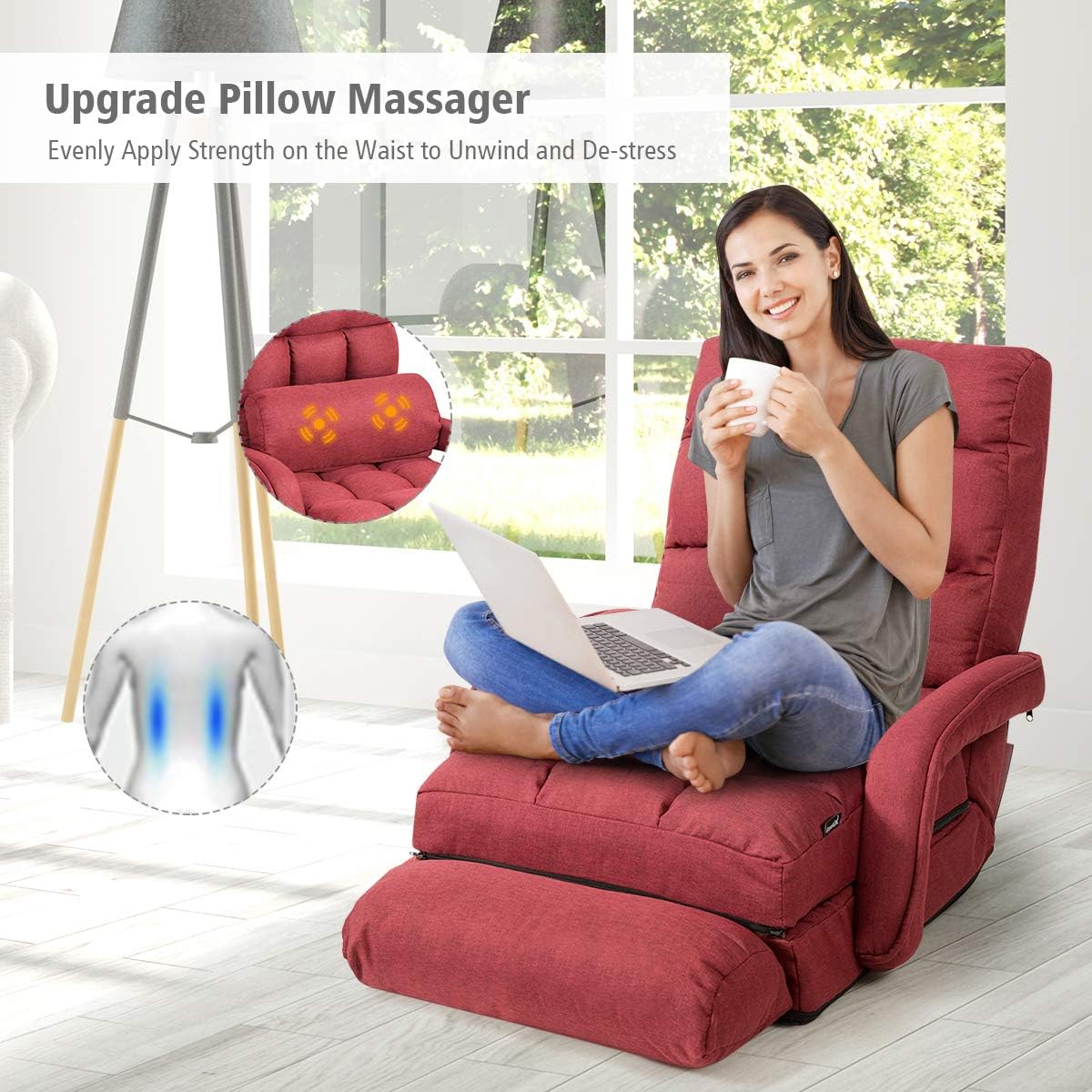 GOFLAME Adjustable Folding Massage Lazy Sofa, Floor Chair Sofa, Padded Gaming Chair with Armrests and Pillow