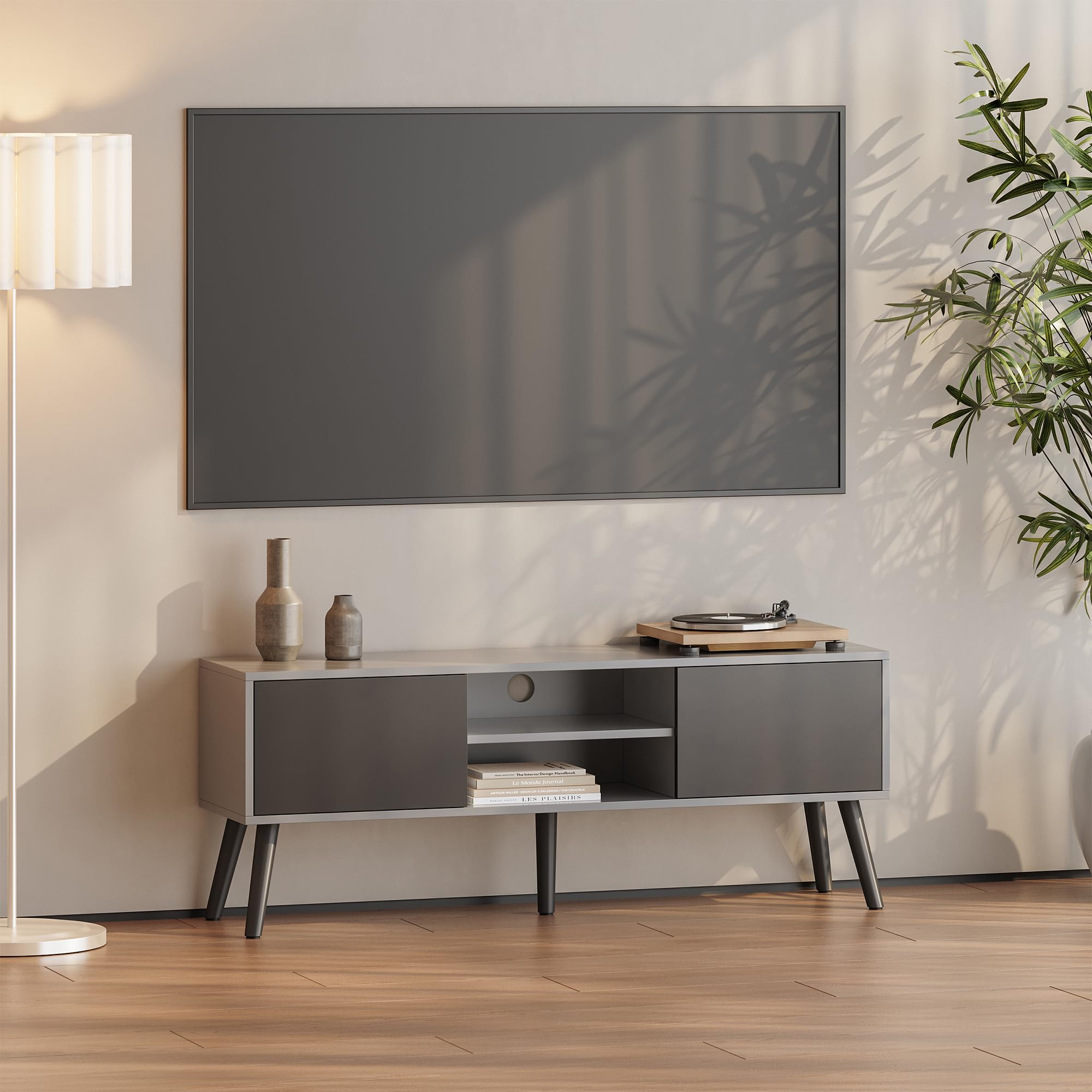scaffale tv con porte e ripiani aperti grigio scuro