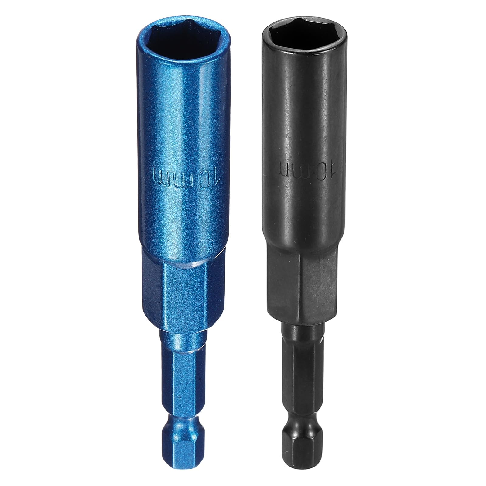sourcing map 2pcs Nut Driver Drill Bit 10mm Metric Socket 1/4" Hex Shank 3.15" (80mm) Extra Long 6-Point Sockets Quick Change Cr-V Steel Bolt Setters for Power Drill Drivers, Black/Blue