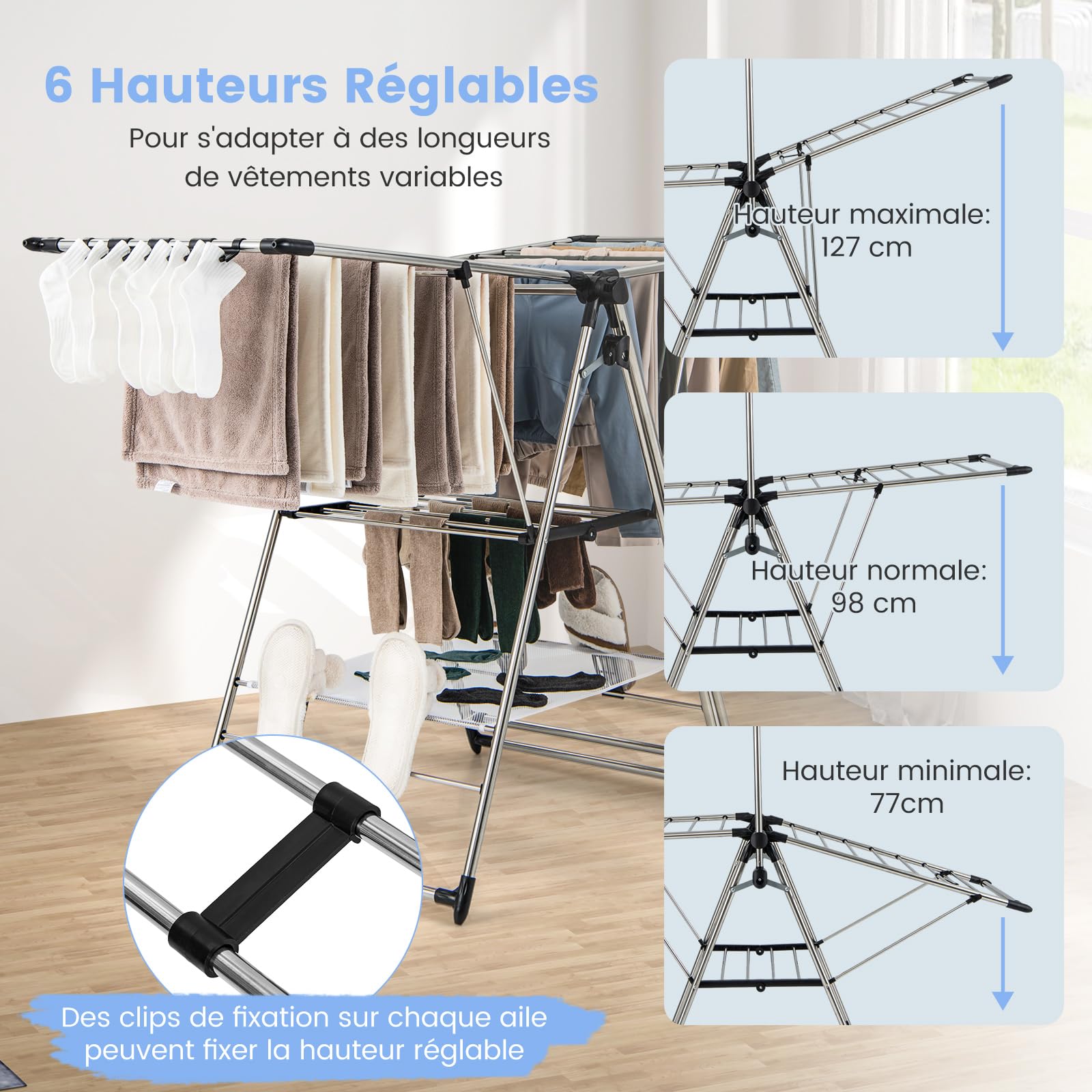 COSTWAY Sechoir à Linge Pliable, Etendoir Linge Interieur Pliable en Alu avec Cintre Haut et Filet de Séchage, Tancarville Linge Réglable 77-127 cm, 4 Porte-Chaussures, Pince de Chaussette Amovible
