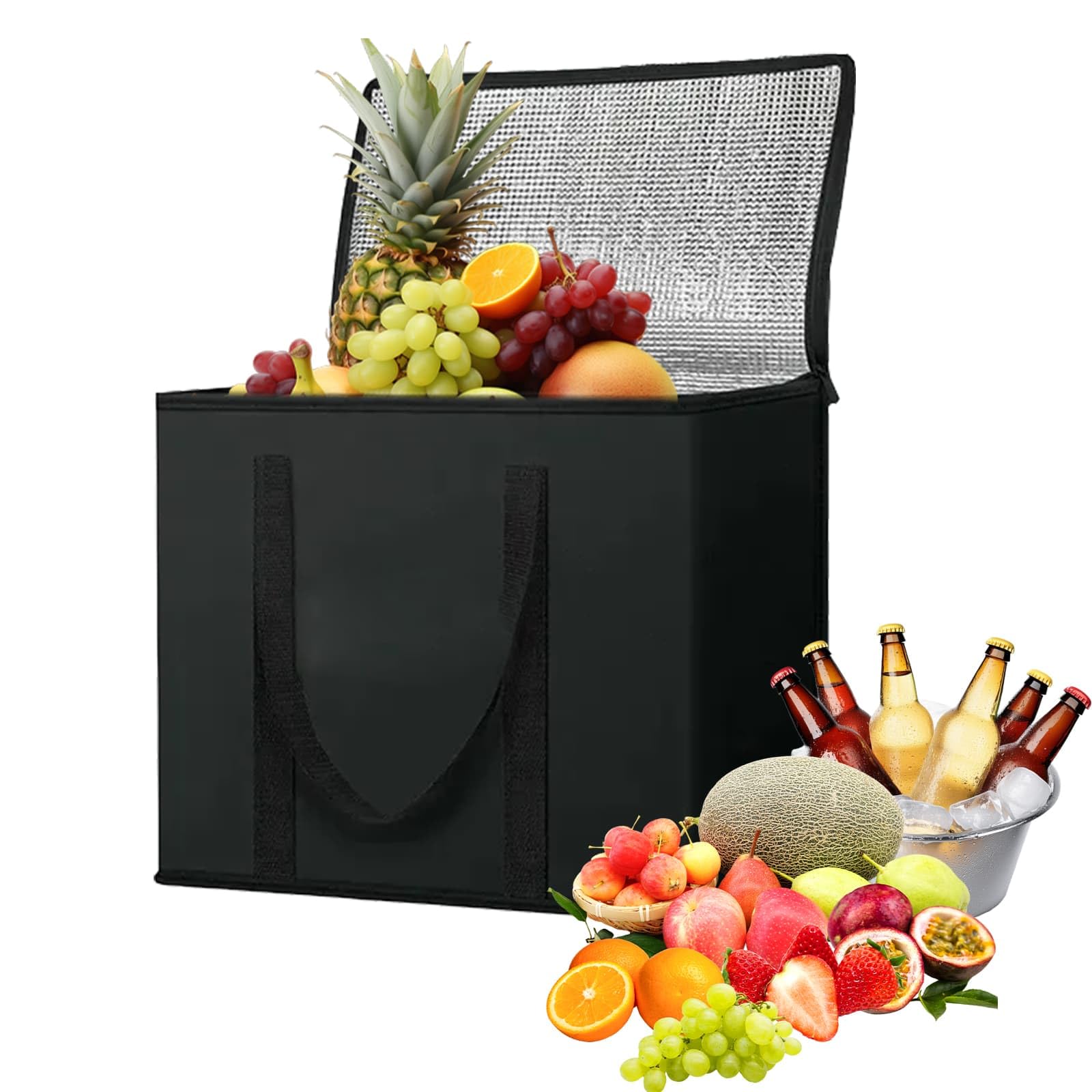30L Cool Bag Large Cooler Thermal Food Delivery Bag, Reusable Grocery Shopping Bag Keep Food Hot or Cold with Zipper Closure, Stands Upright Collapsible Box for Camping, BBQ, Shopping, Grocery, Picnic