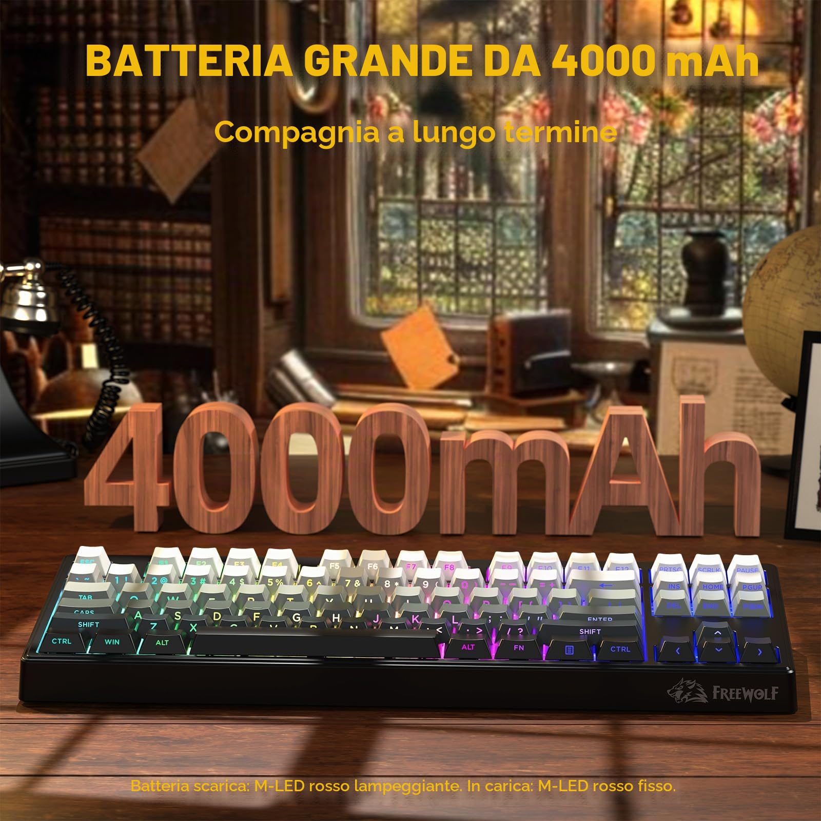 FREEWOLF M87V2 Wireless Gaming Keyboard, Tri-Mode BT/2.4G/cablata, silenziosa e delicata, 4000 mAh, tasti con stampa laterale, QWERTY US, anti-ghosting, 16 m RGB, per Mac/Win
