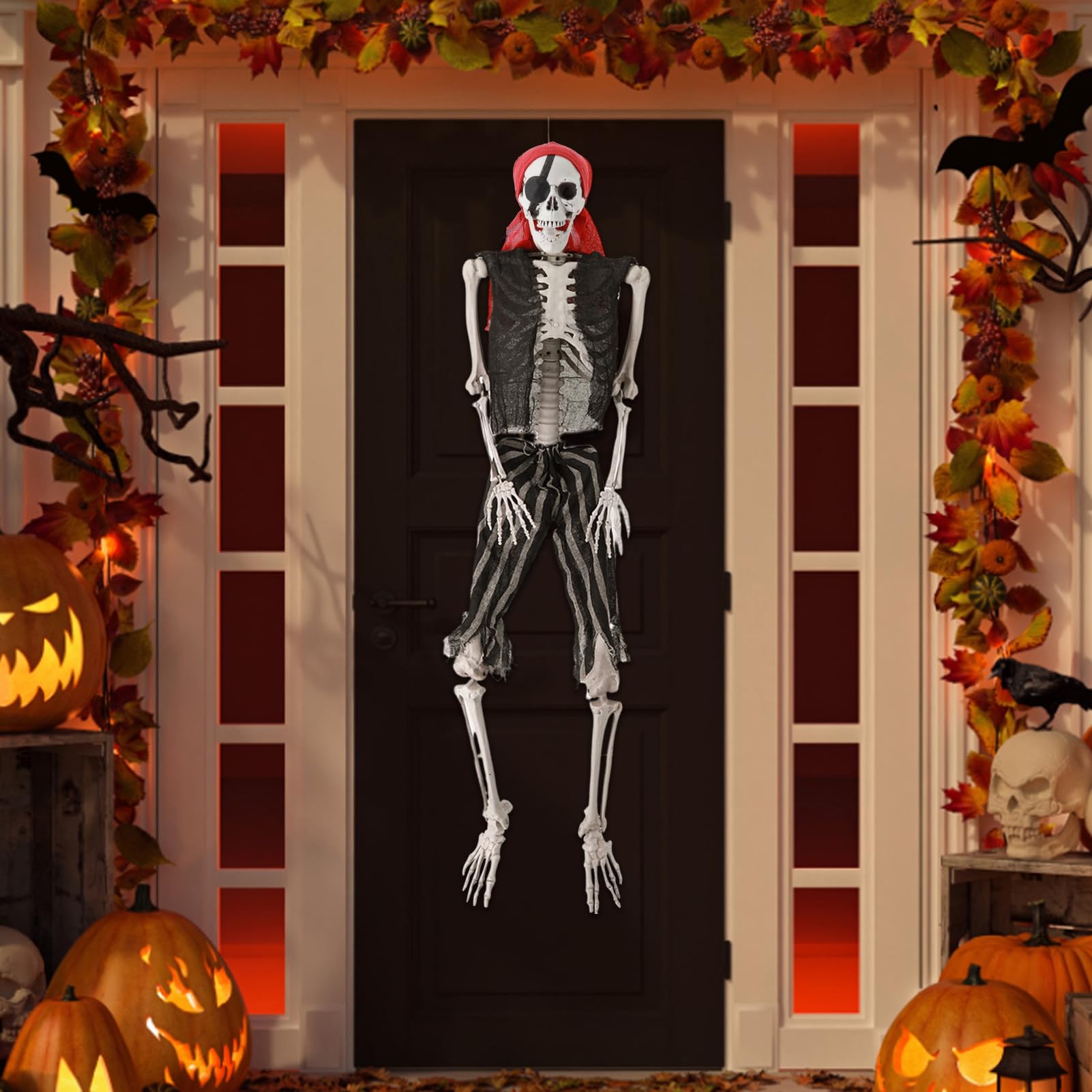 Altsuceser Esqueleto de cuerpo completo de Halloween de 5.2 pies con articulaciones móviles, estilo pirata de tamaño real, esqueleto articulable para decoraciones de esqueleto de Halloween, 170 cm 170
