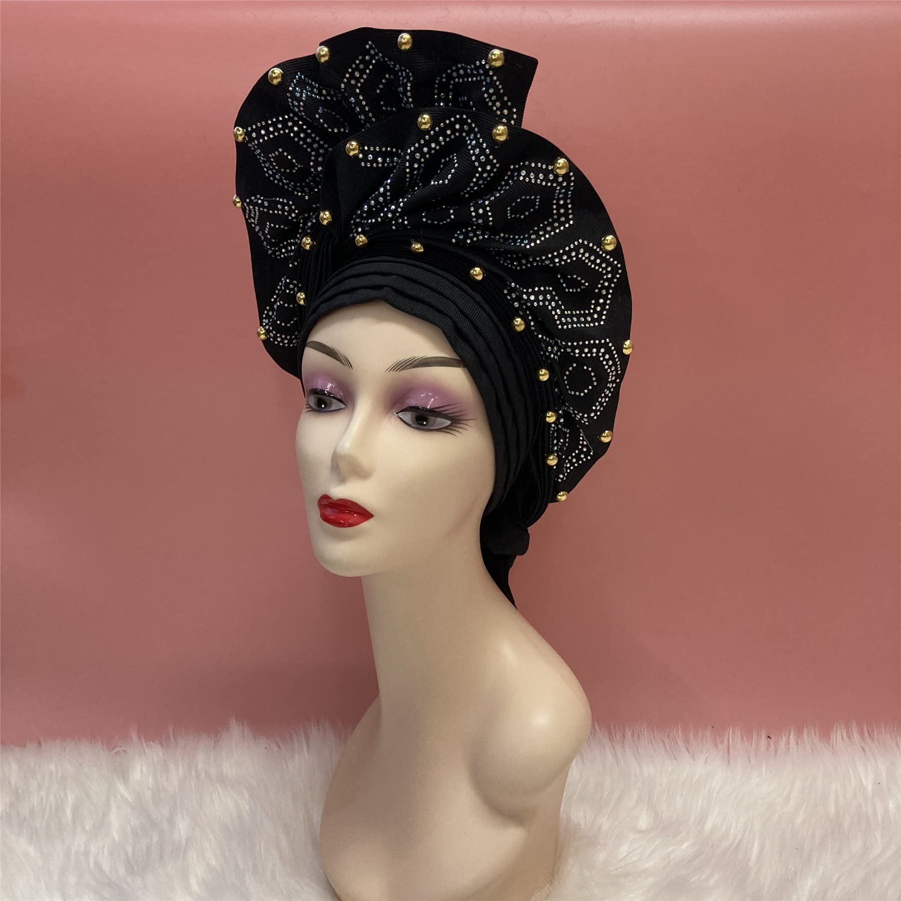 Aso-Oke African Headtie Auto Gele, Black Stoned Ready Made Gele Fabric Already Made ASO Oke Gele Headties with Beads Jamaica | Ubuy main image 2