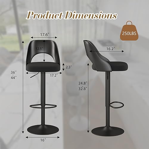 Miniatura 3 de Juego de 4 taburetes de bar giratorios de altura ajustable con respaldo de polipropileno hueco, silla tapizada con base de metal negro, asiento negro